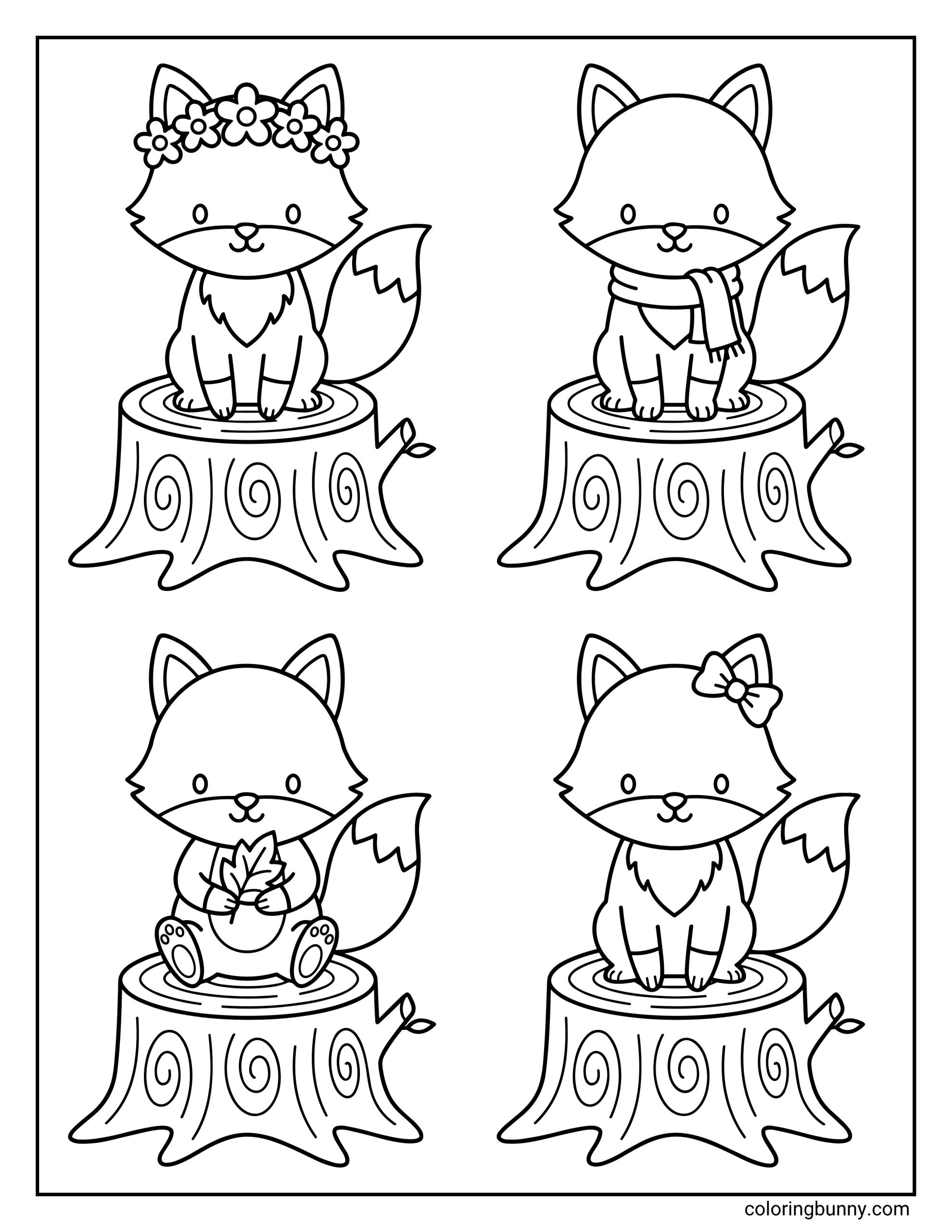 A coloring page featuring four individual baby foxes, each sitting on its own detailed tree stump, with one wearing a flower crown, one wearing a scarf, one holding an autumn leaf, and one wearing a hair bow.