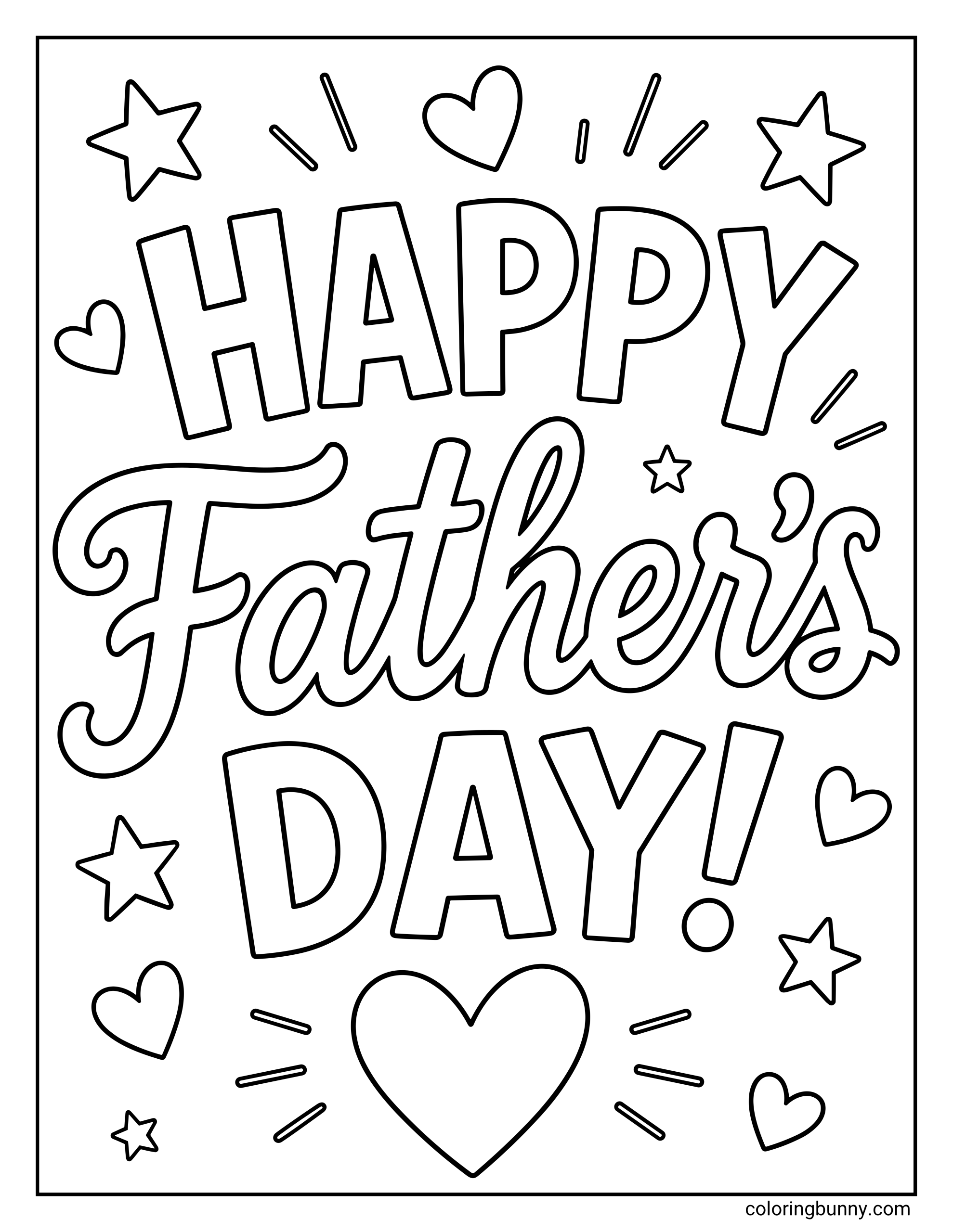 Father’s Day coloring sheet showing large decorative “Happy Father’s Day!” text, with playful hearts, stars, an exclamation mark, and small burst lines across the design.