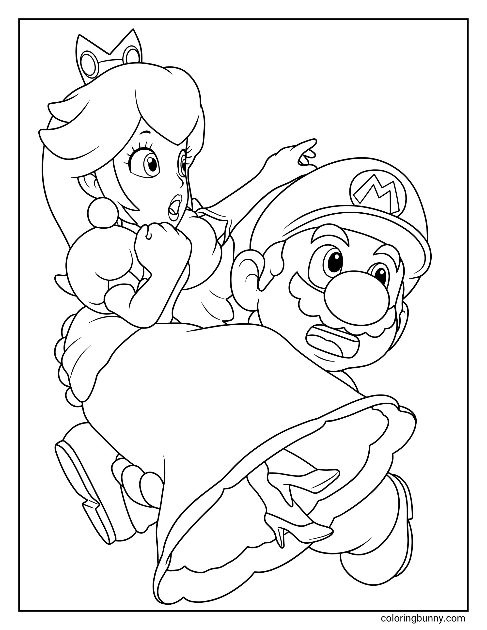 Mario and Princess Peach coloring page showing Mario carrying Princess Peach while they both look surprised and excited.