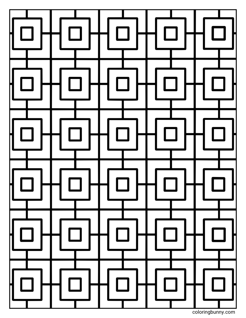 Fun squares pattern coloring page featuring repeating nested squares connected by straight vertical and horizontal lines in a bold grid.