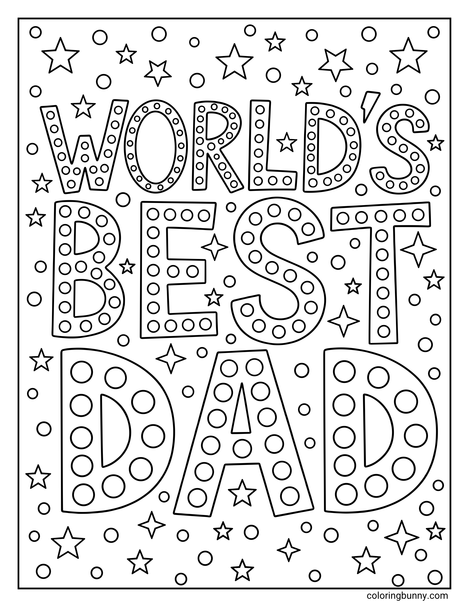 coloring page for Father's Day showcasing a crisp graphic with clean outlines, highlighting the words "WORLD'S BEST DAD" nestled among dozens of small floating stars and circle confetti.