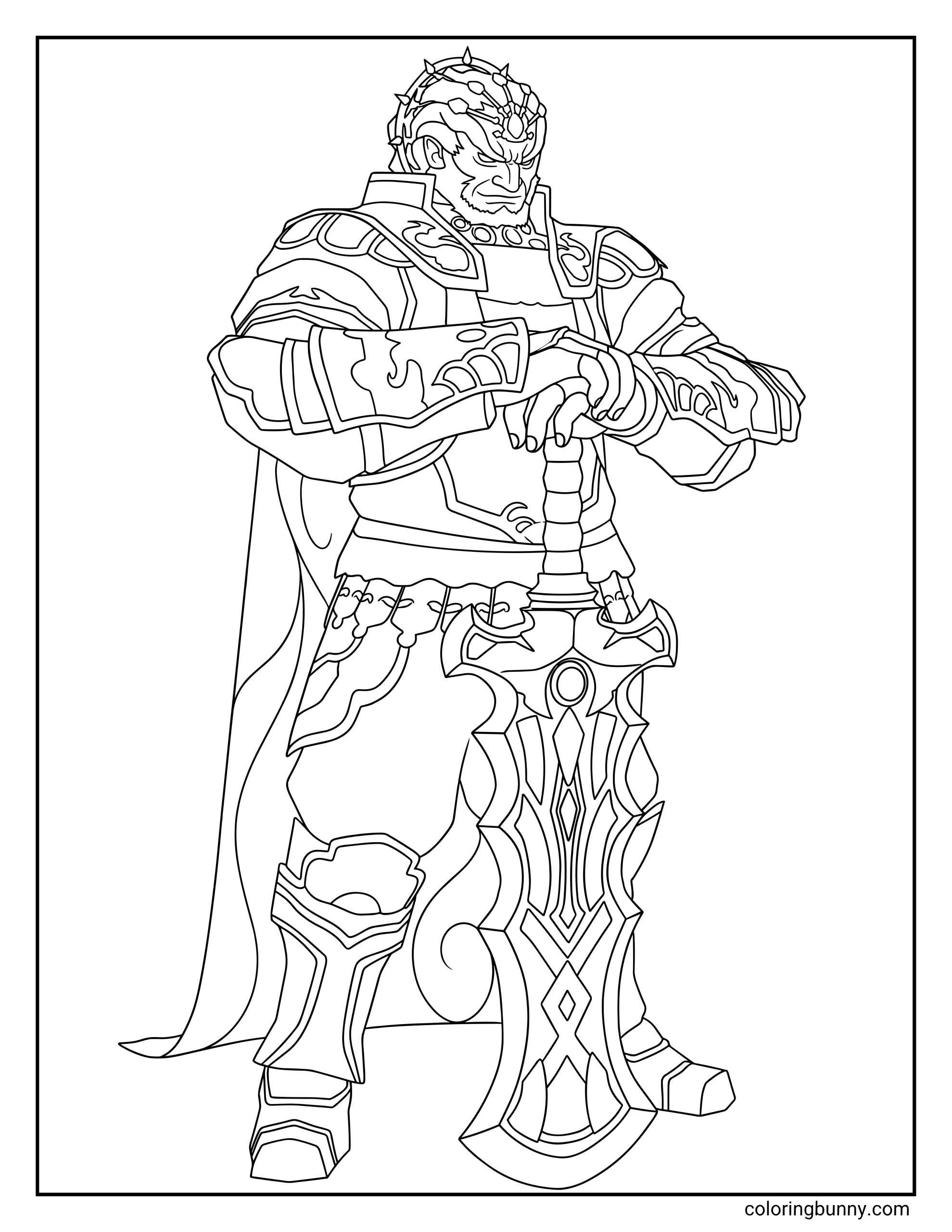 Ganon Zelda coloring page showing Ganon standing with a massive sword, heavy armor, cape, crown-like headpiece, beard, gauntlets, boots, and stern villain expression.