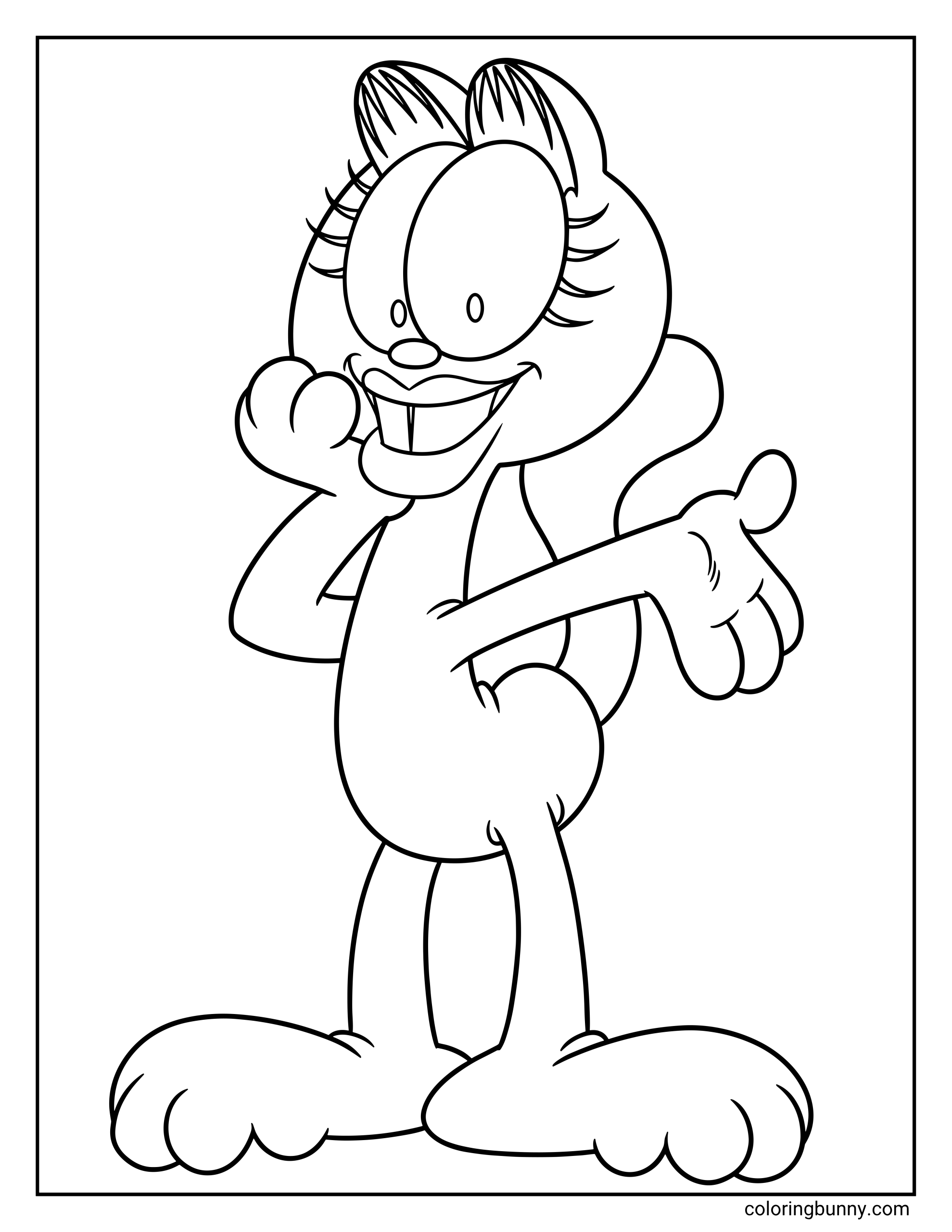 Garfield coloring page featuring the character Arlene standing in a playful pose with one hand near her face, one arm pointing outward, long eyelashes, big oval eyes, a wide smile, and large cartoon feet.