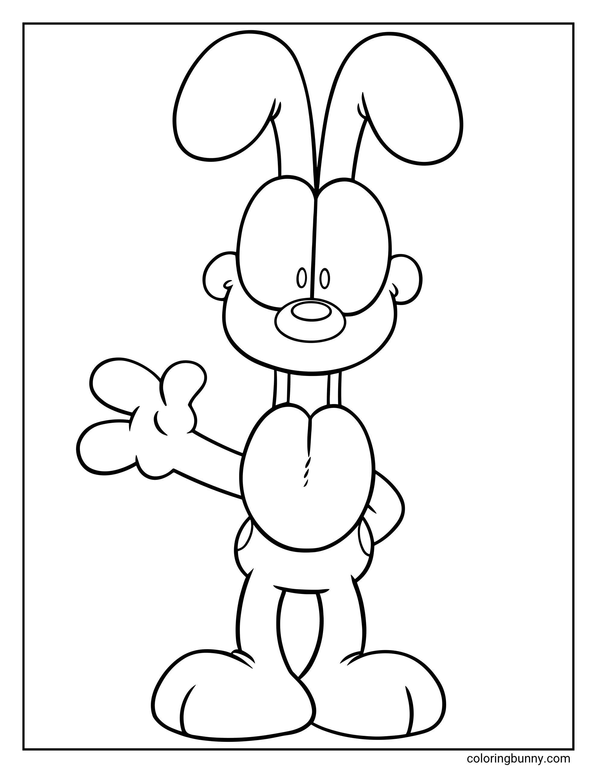 Garfield coloring page with Odie standing alone, holding one paw out as if waving, with his long ears, simple smile, round belly, and large cartoon feet.