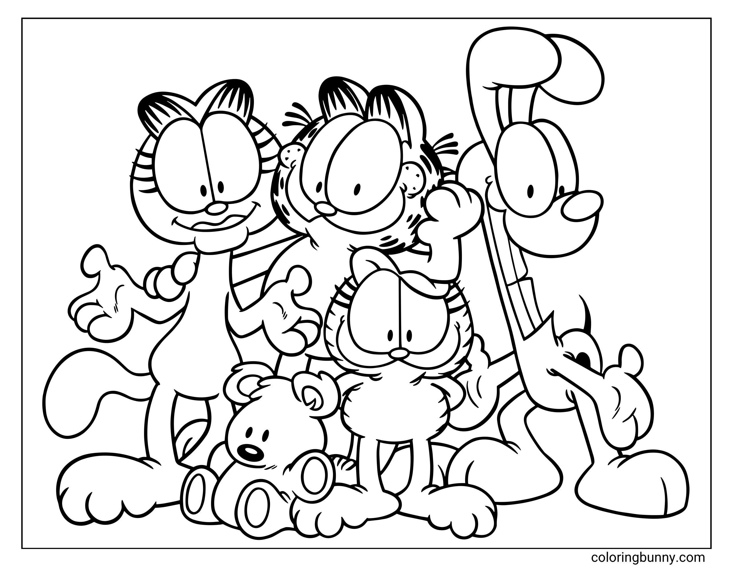 Garfield coloring page featuring Garfield with the characters Arlene, Nermal, Odie, and Pooky gathered together in a cheerful group pose.
