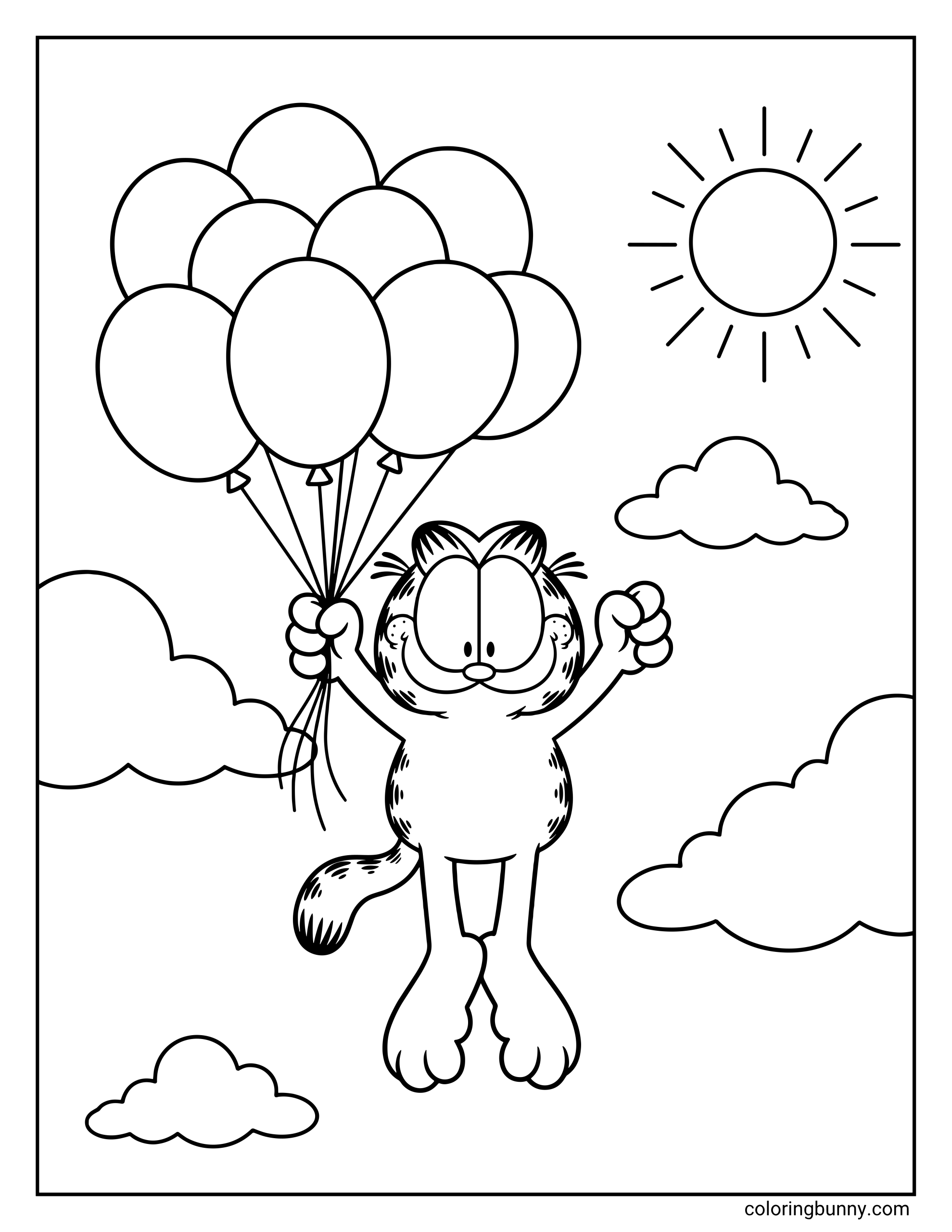 Coloring page with Garfield floating above the ground, holding a cluster of balloons beside fluffy clouds and a sun with straight rays.