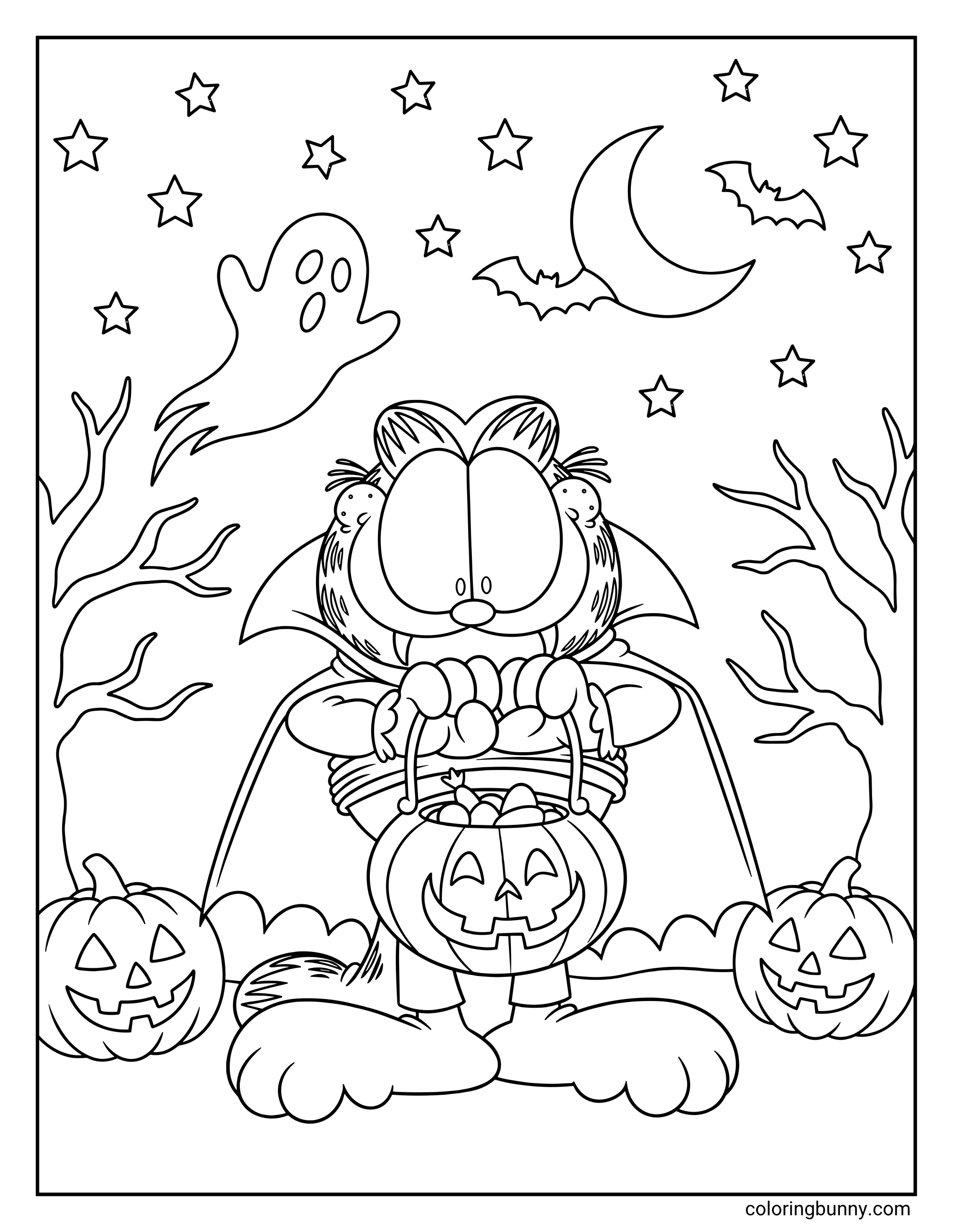 Garfield Halloween coloring page with the ginger cartoon cat wearing a vampire-style cape and holding a smiling pumpkin treat pail, surrounded by Halloween pumpkins, bats, stars, a moon, a ghost, and leafless trees.