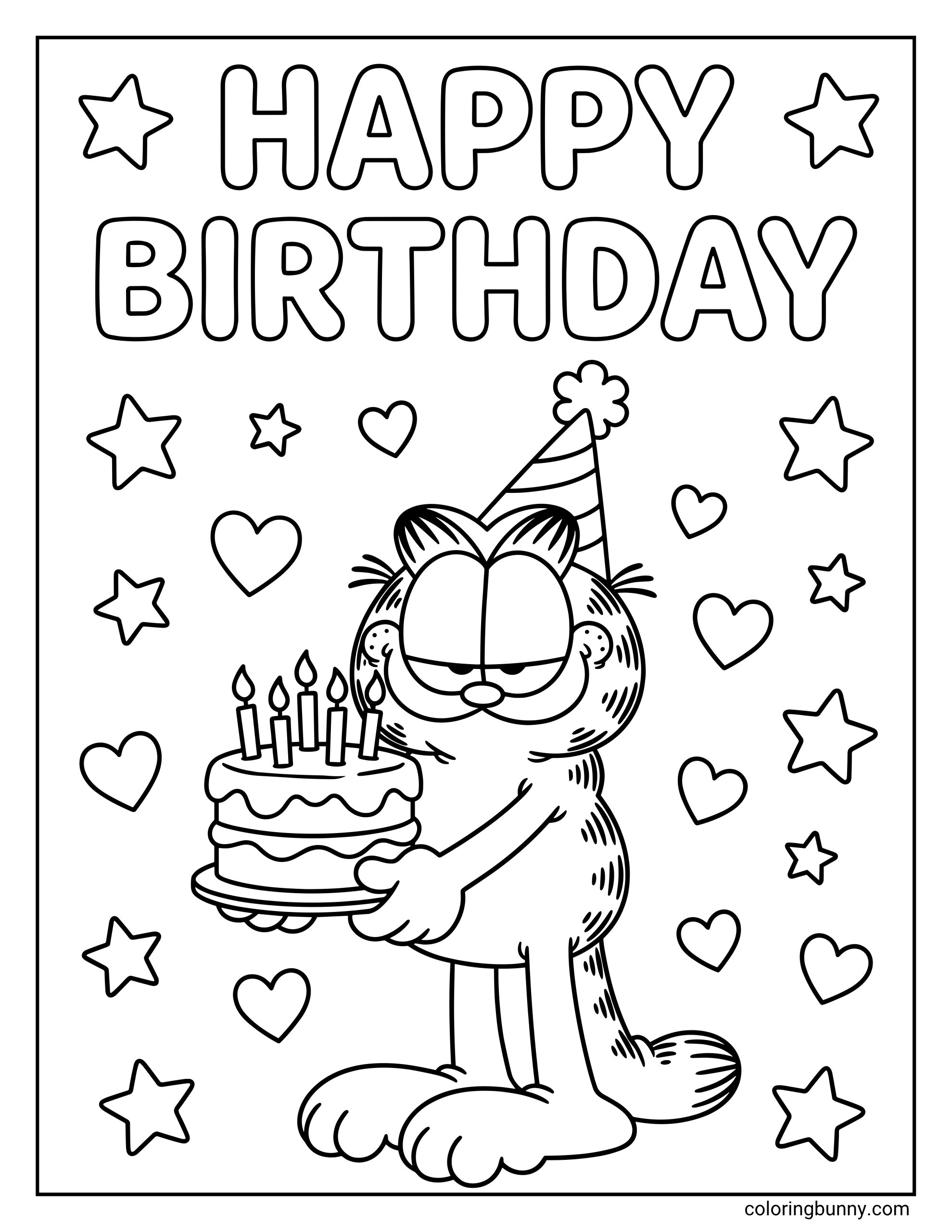 Happy Birthday Garfield coloring page showing the cartoon cat with a party hat on and holding a birthday cake, framed by bubble-letter “Happy Birthday” text, heart shapes, star shapes, and bold cartoon outlines.