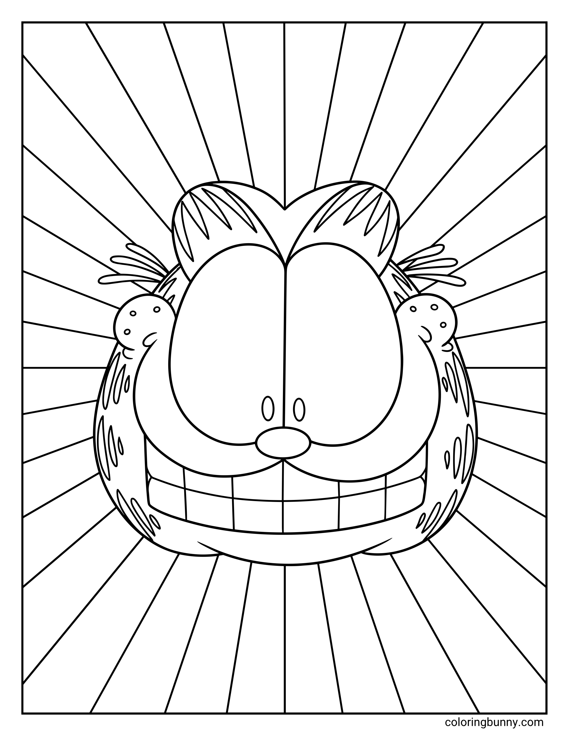 Garfield coloring sheet showing Garfield’s face centered in the design, with a huge square-toothed smile, small nose, rounded cheeks, and sunburst-style lines spreading from behind his head.