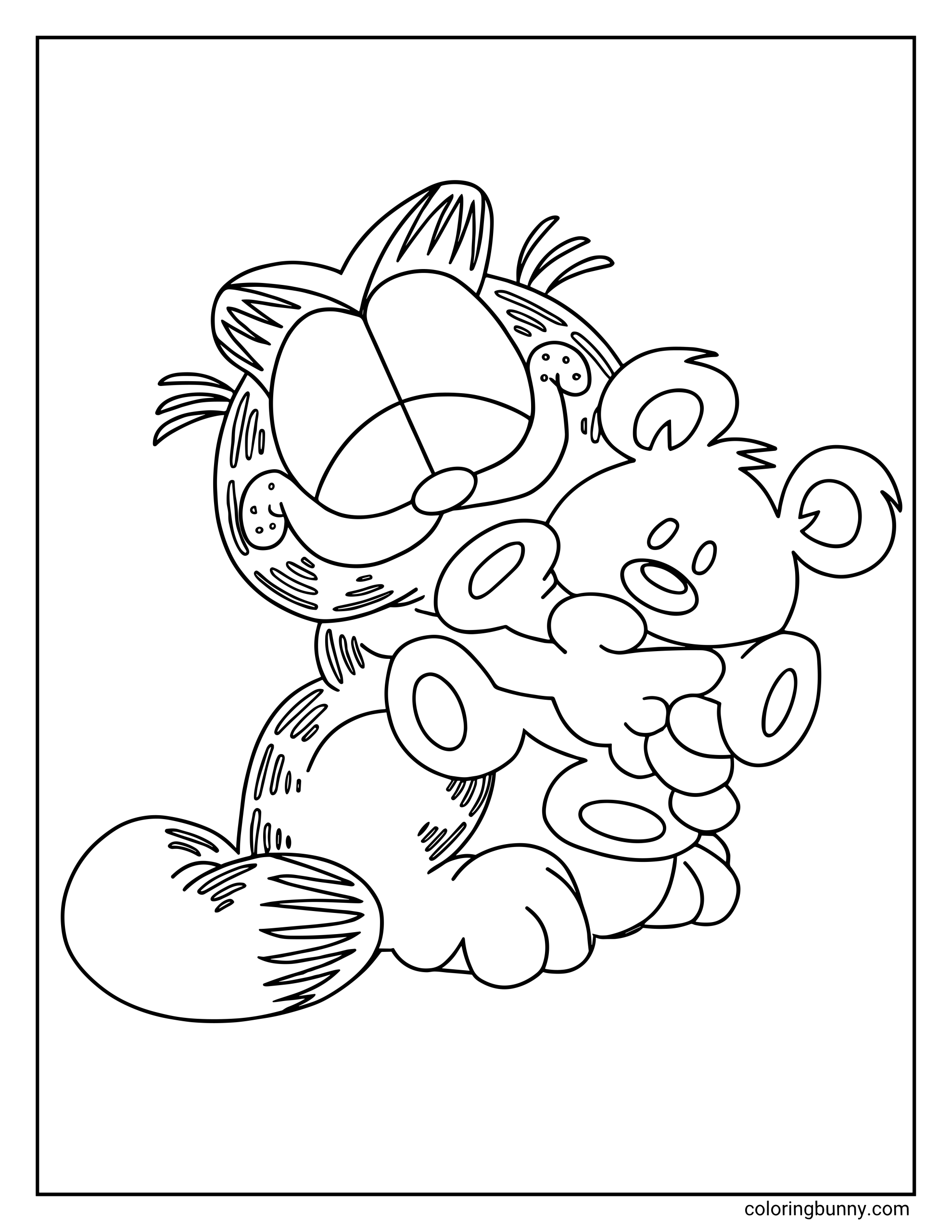 Garfield coloring page with Garfield sitting down and hugging Pooky the teddy bear, showing his closed eyes, wide grin, large feet, striped body, and fluffy tail.
