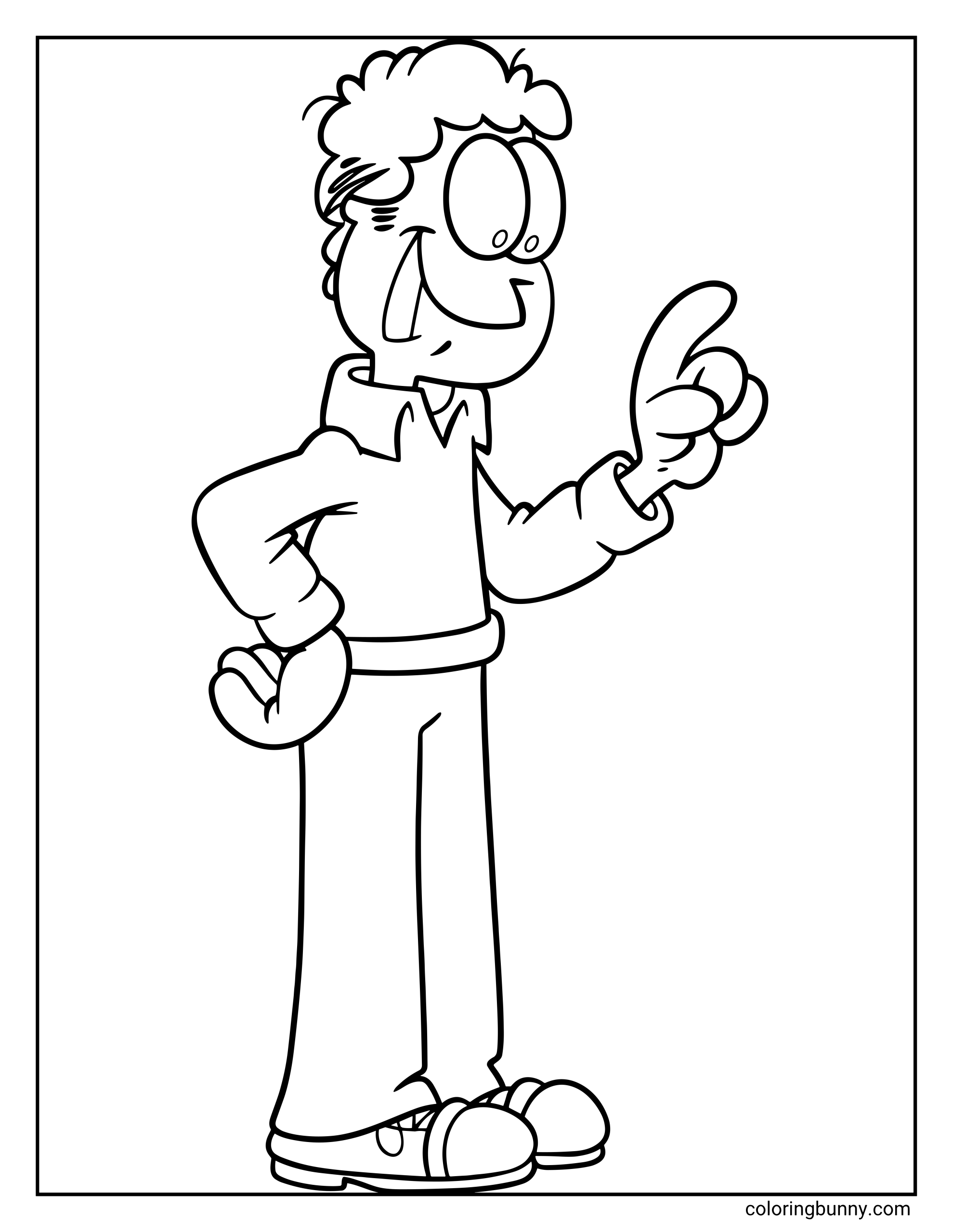 Garfield coloring page featuring Jon Arbuckle standing with one hand on his hip and one finger raised, wearing a collared shirt, long pants, sneakers, and a cheerful expression.