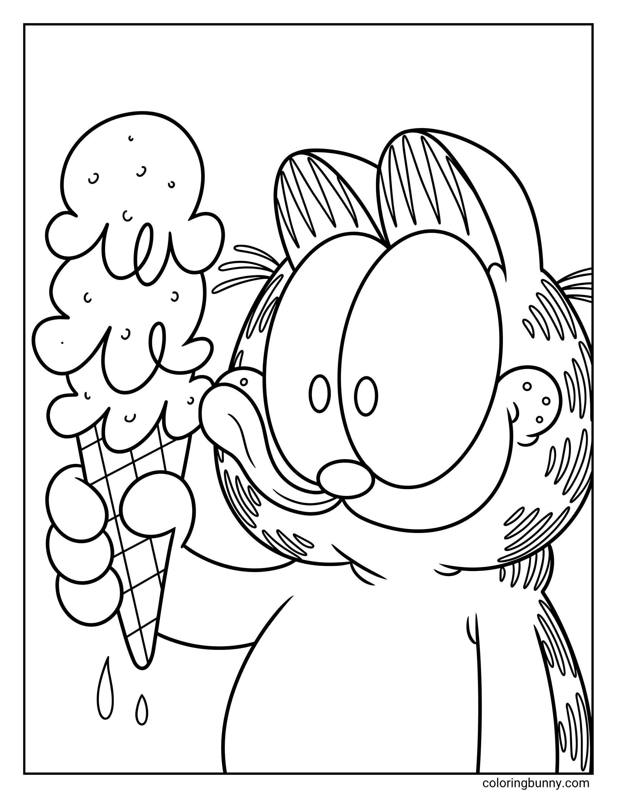 Garfield coloring page with Garfield close up beside a tall waffle cone, his tongue reaching toward stacked ice cream scoops with little melting drops below.
