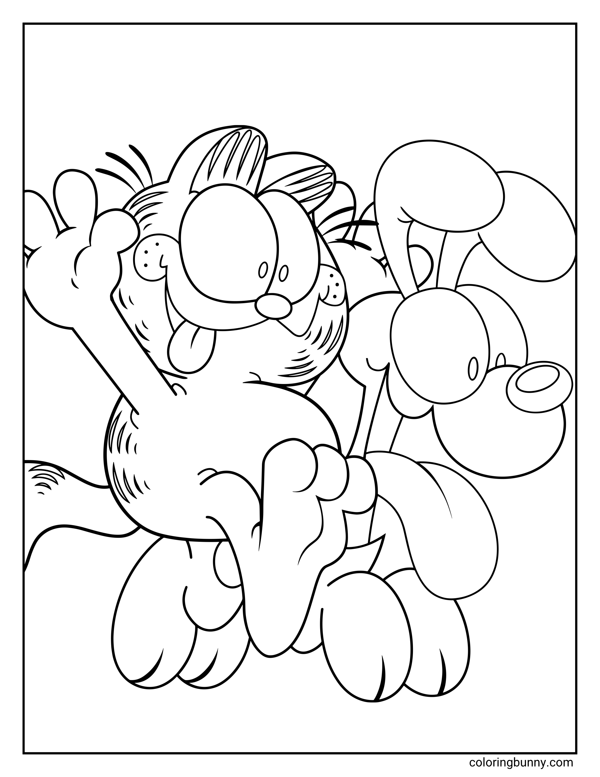 Coloring page of Garfield riding on Odie’s back, with Garfield waving happily, Odie looking forward, and both characters drawn in a close-up playful pose.