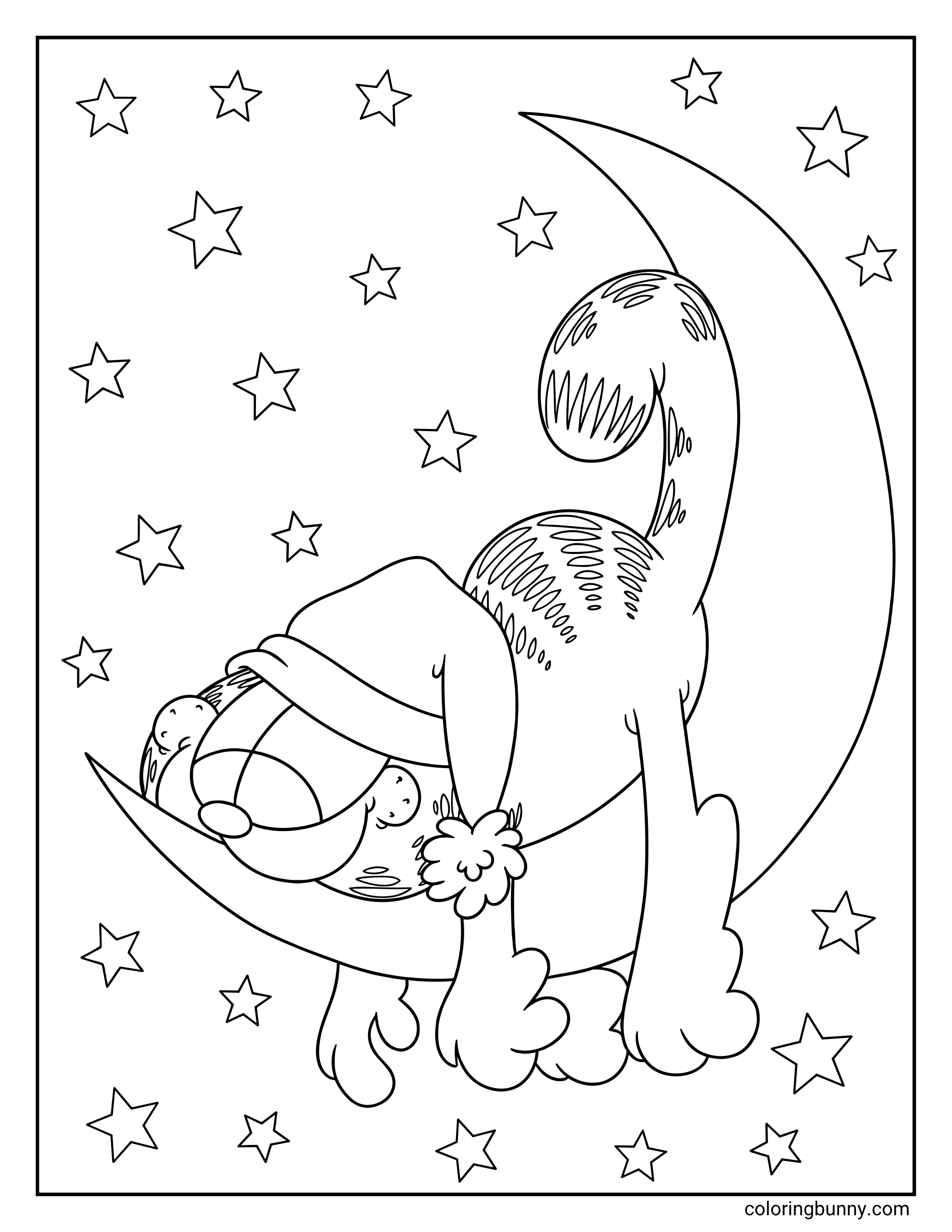 Coloring page of Garfield sleeping on a large crescent moon, wearing a nightcap while stars fill the sky around him.