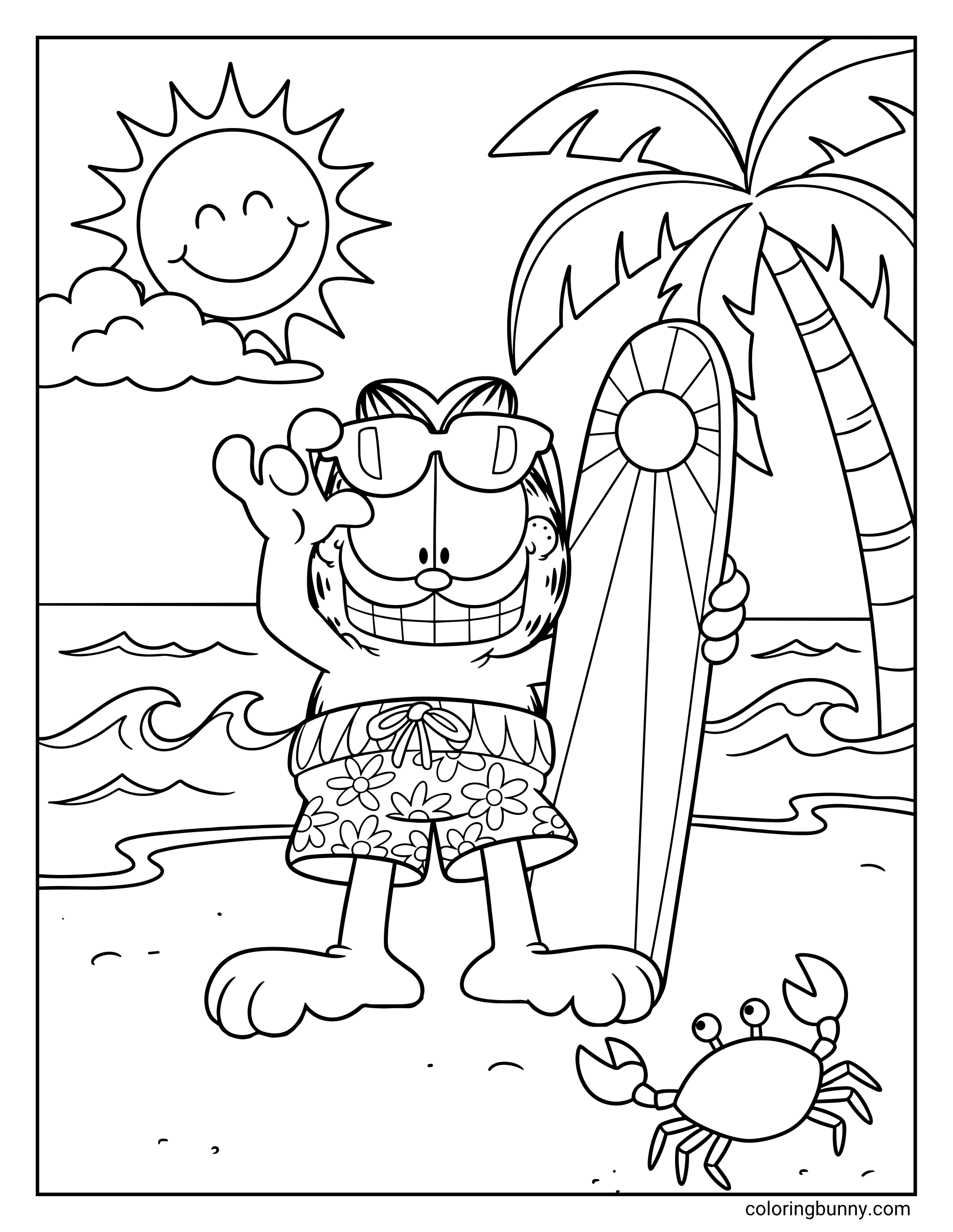 Coloring page with Garfield posing on the sand with his surfboard, surrounded by waves, a palm tree, beach details, a cheerful sun, and a little crab.