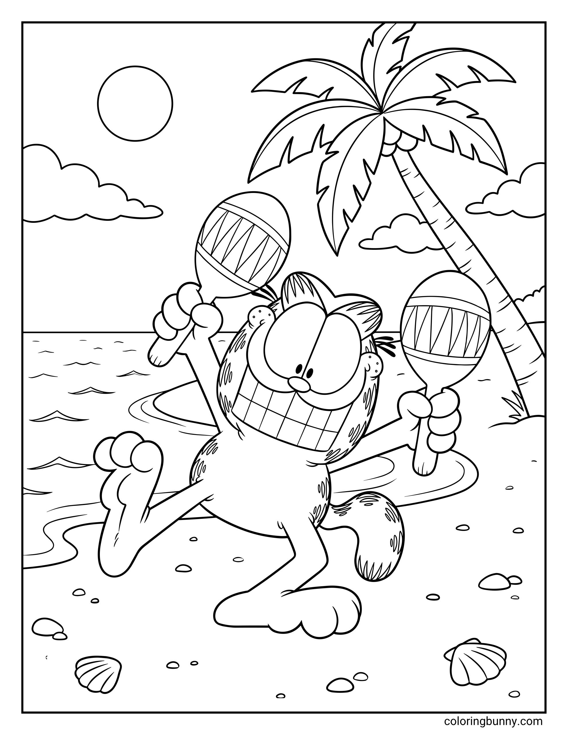 Coloring sheet of Garfield mid-dance with one leg kicked up, holding maracas beside the water, with shells, pebbles, clouds, and a palm tree around the beach scene.