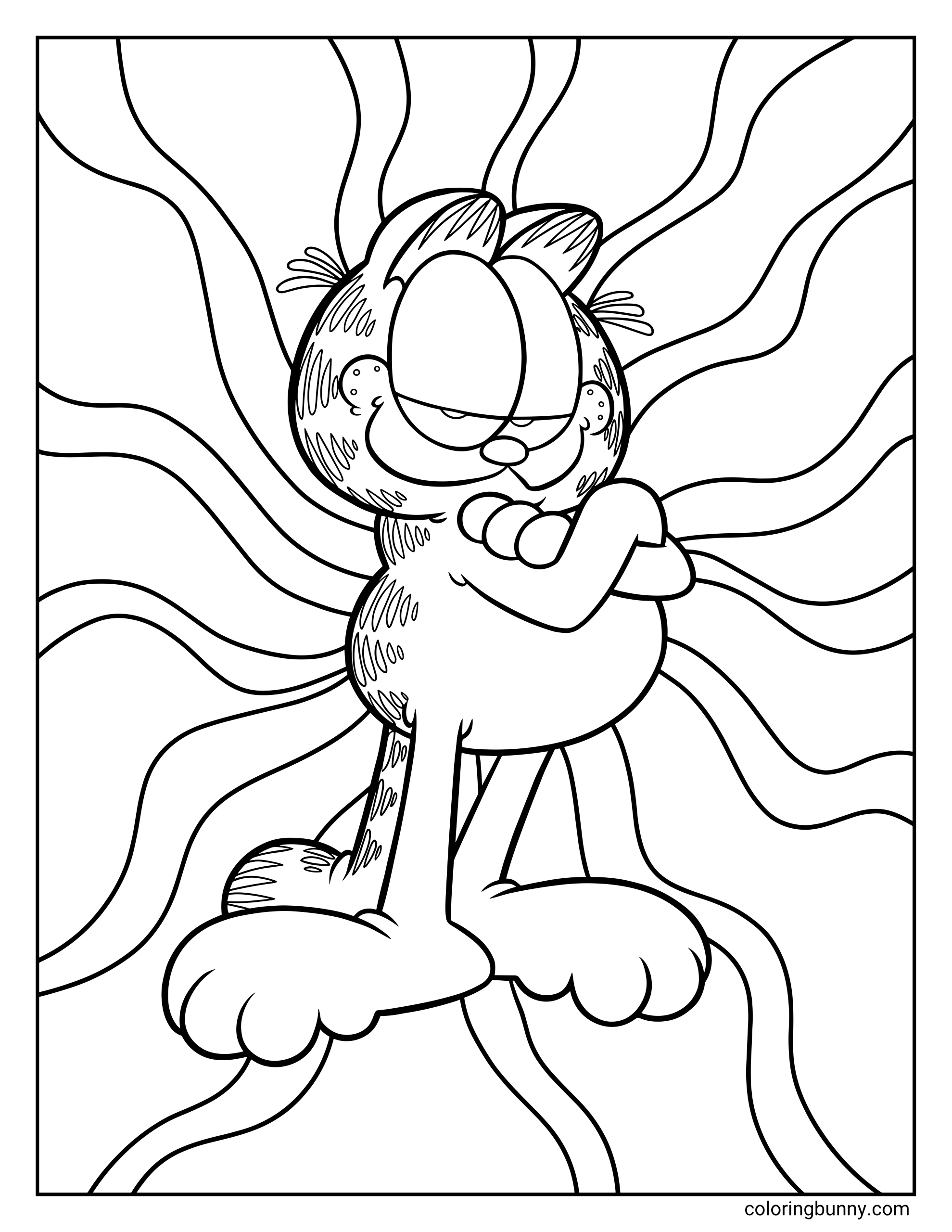 Garfield coloring page showing Garfield standing with crossed arms and sleepy eyes, surrounded by thick wavy background lines that create a bold striped effect.