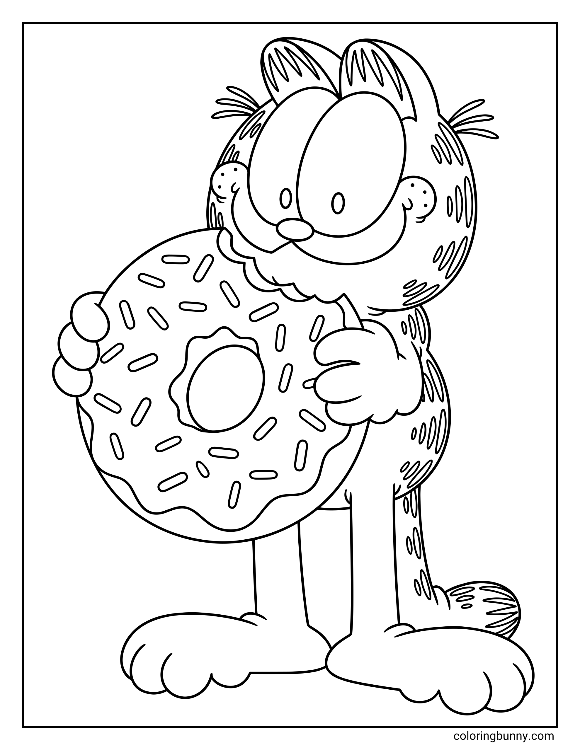 Coloring page of Garfield displaying a clean outline drawing of the orange cat character taking a large bite out of a frosted donut ring within a thin border frame.