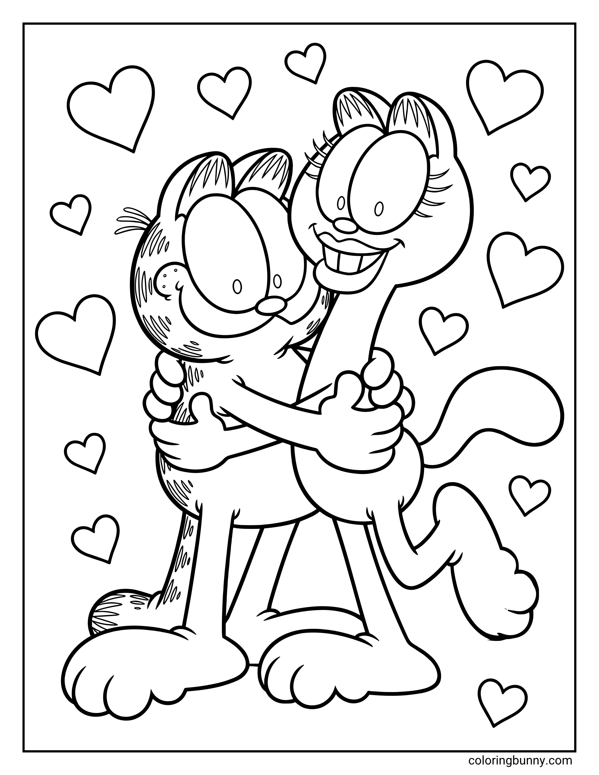 Coloring sheet featuring Arlene hugging Garfield with both arms, while Garfield smiles beside her among floating heart shapes.