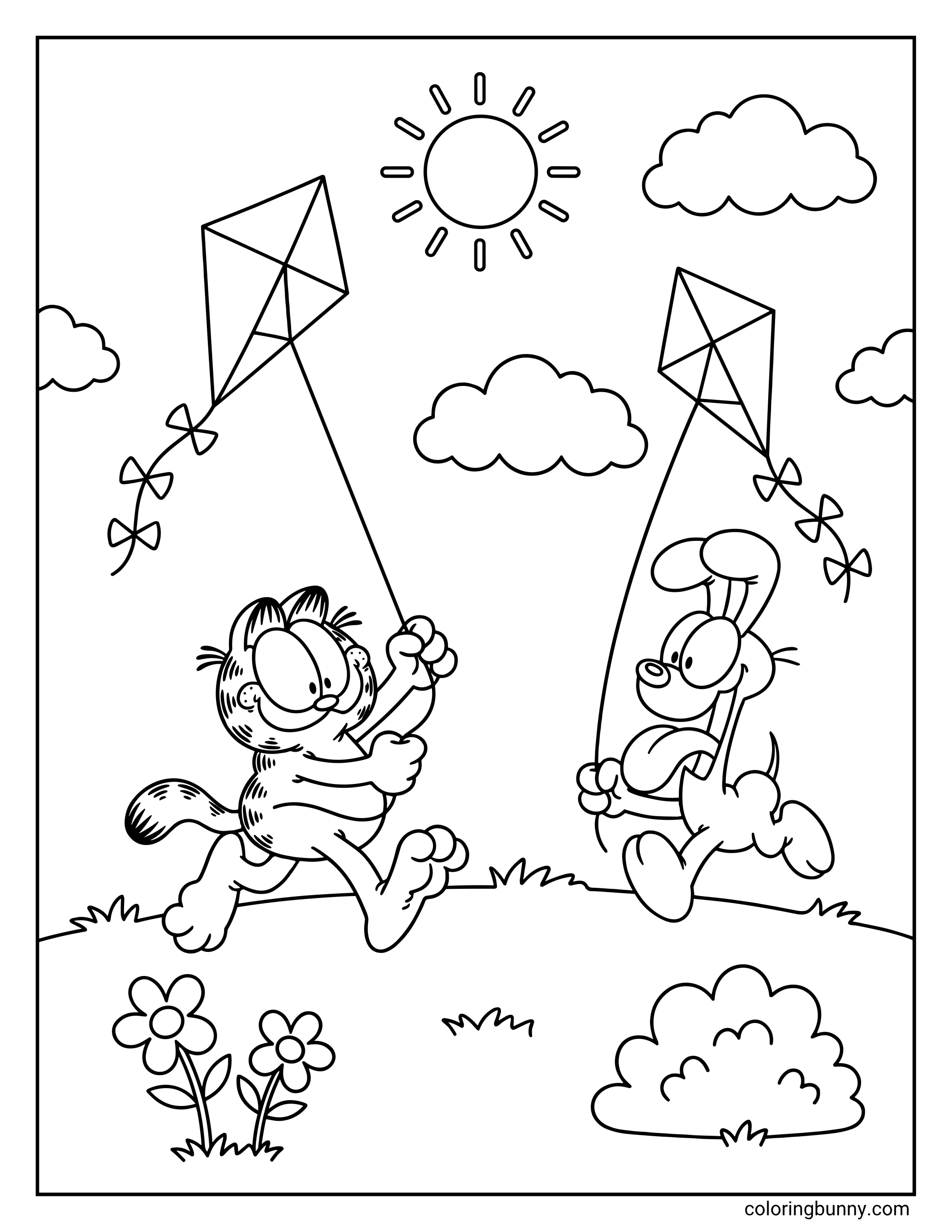 Garfield coloring page showing Garfield and Odie flying kites outdoors, with kite tails, flower shapes, grass tufts, bushes, clouds, and a round sun above.
