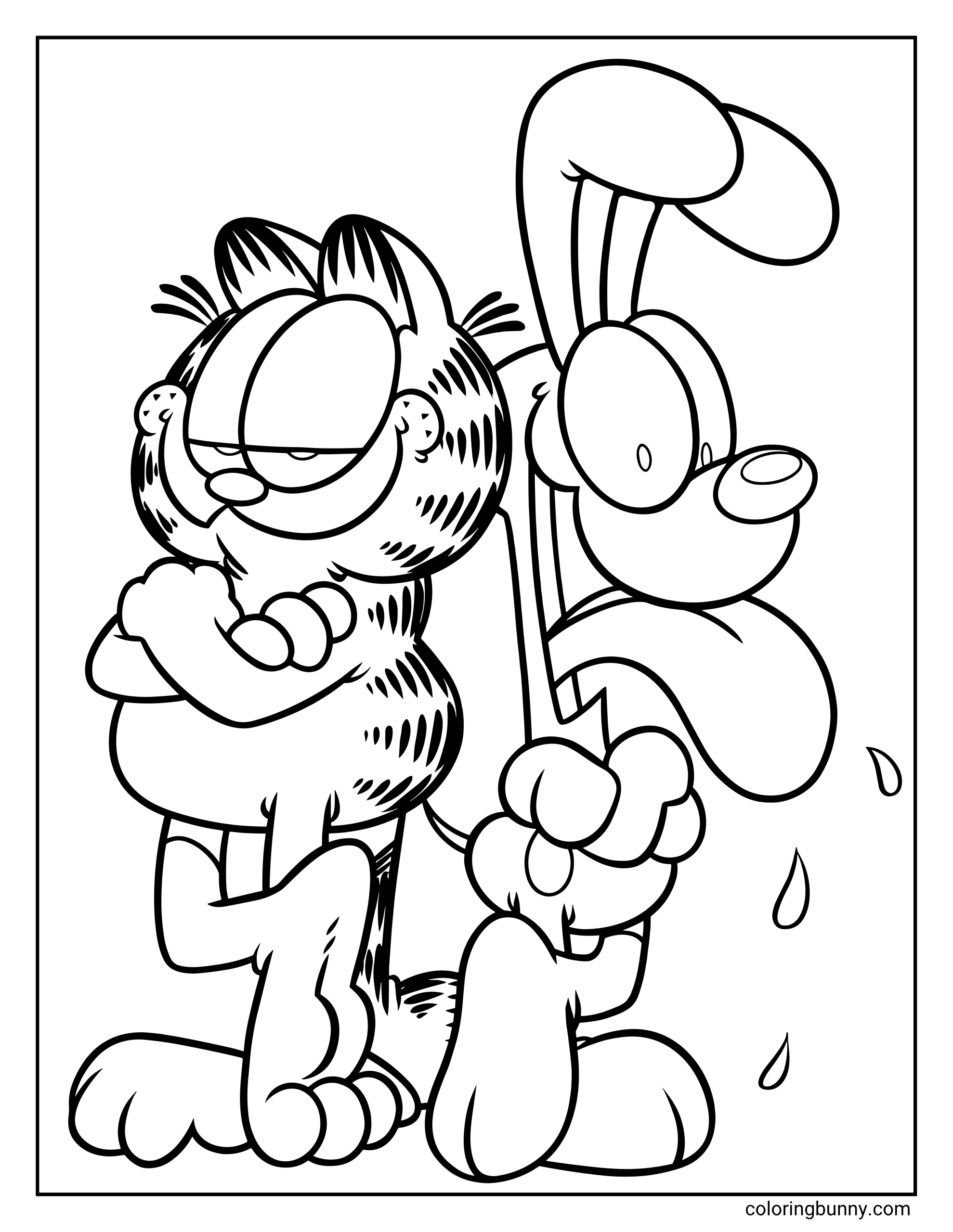Coloring sheet showing Garfield with crossed arms and half-closed eyes, standing next to Odie with big ears, a happy face, oversized paws, and small raindrops nearby.