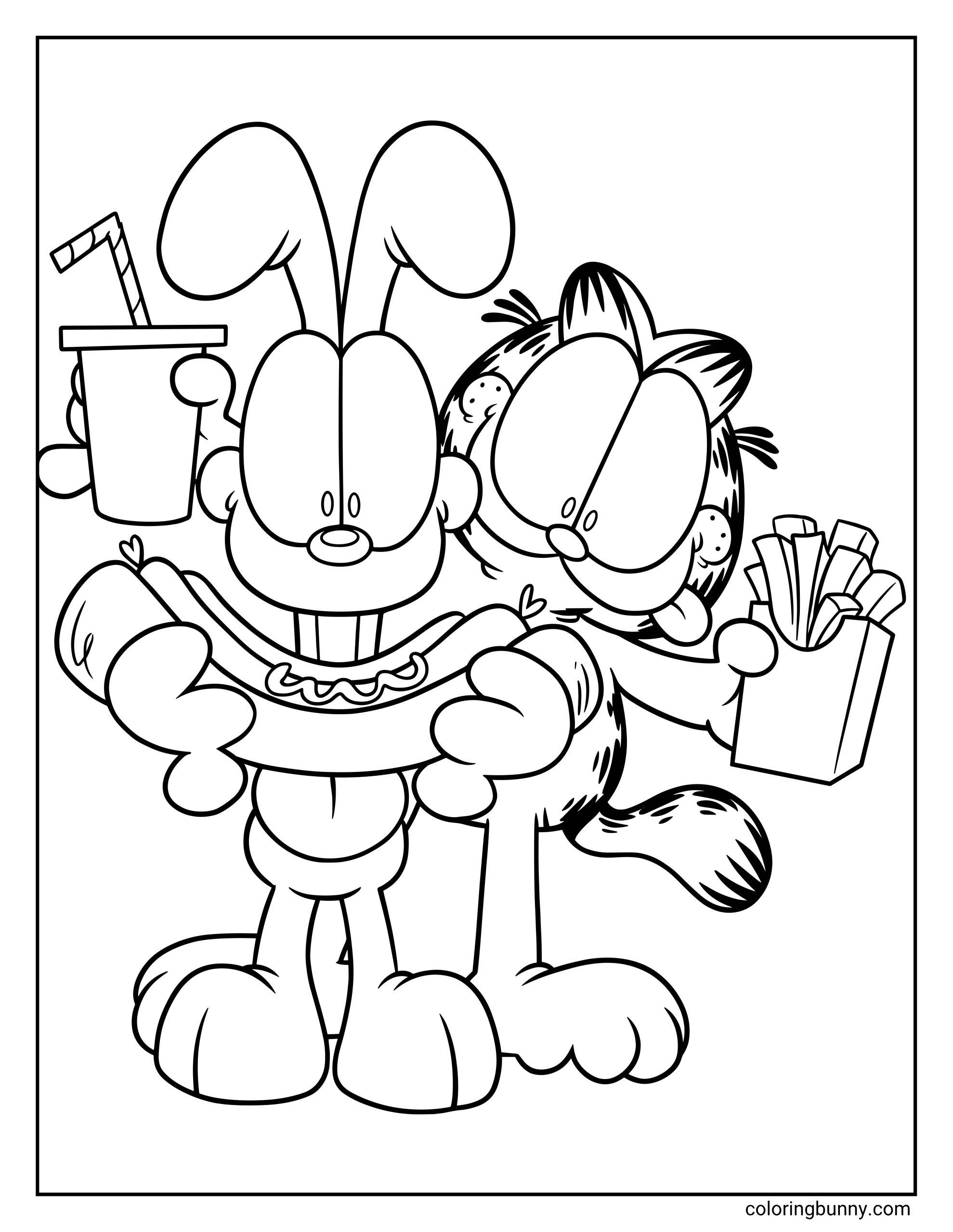Garfield coloring page featuring Garfield and Odie standing together with food, including Odie holding a hot dog and drink while Garfield holds a carton of fries.