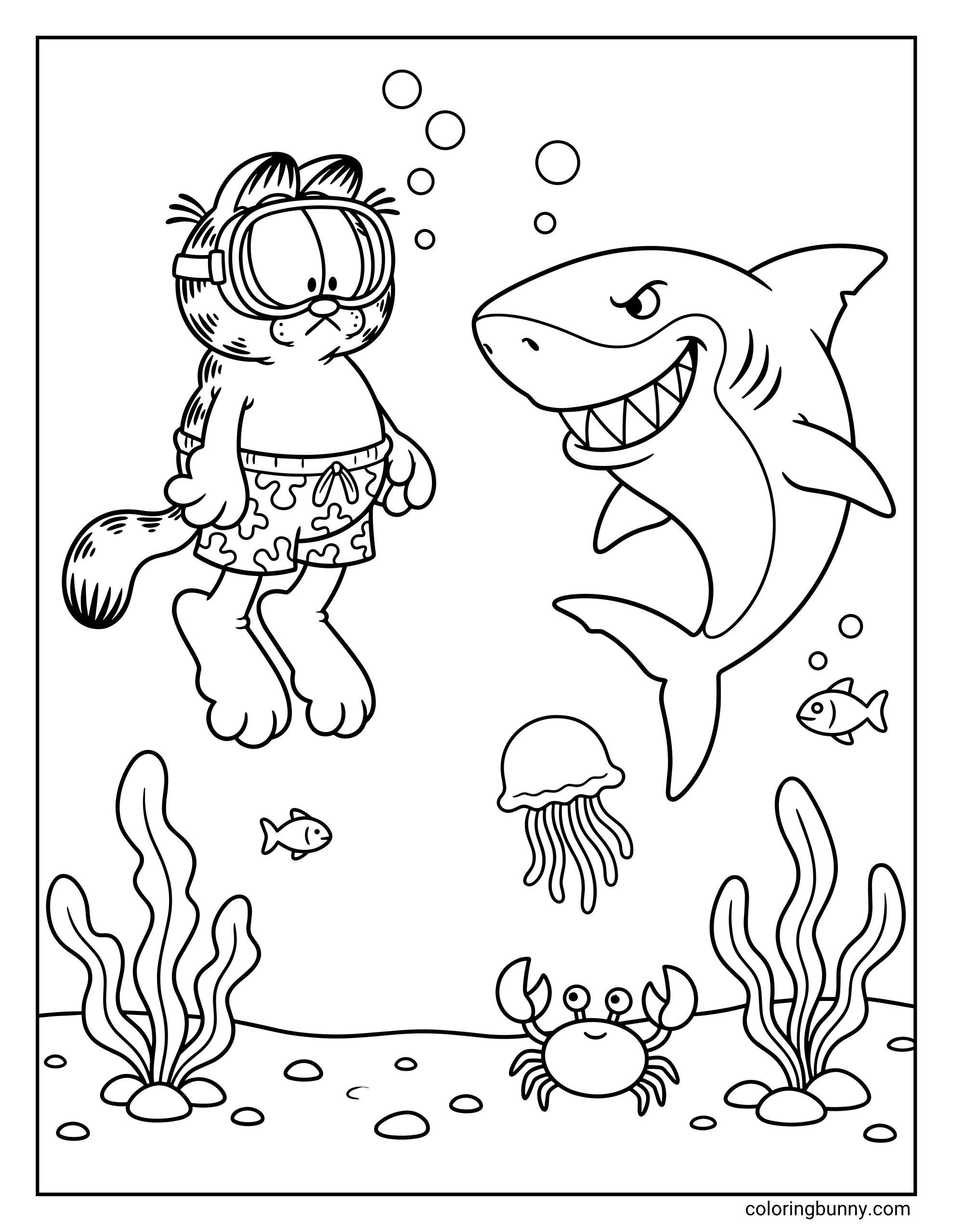 Coloring sheet of Garfield floating underwater beside a large smiling shark, with small fish, rising bubbles, sea plants, rocks, a jellyfish, and a crab below.