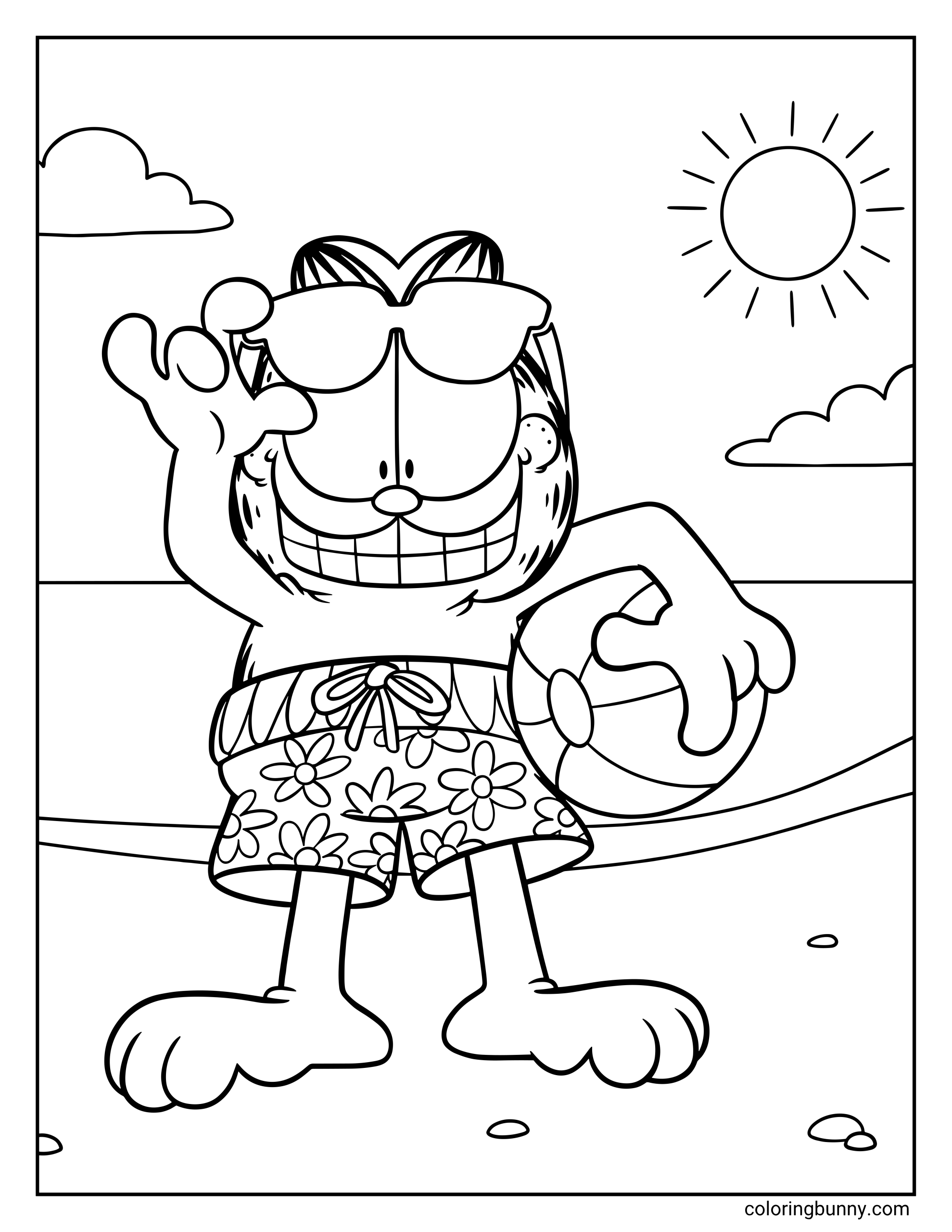 Garfield coloring page featuring the smiling cartoon cat standing on a sandy shore, lifting a pair of sunglasses with one hand and clutching a paneled beach ball while wearing drawstring floral swim trunks.