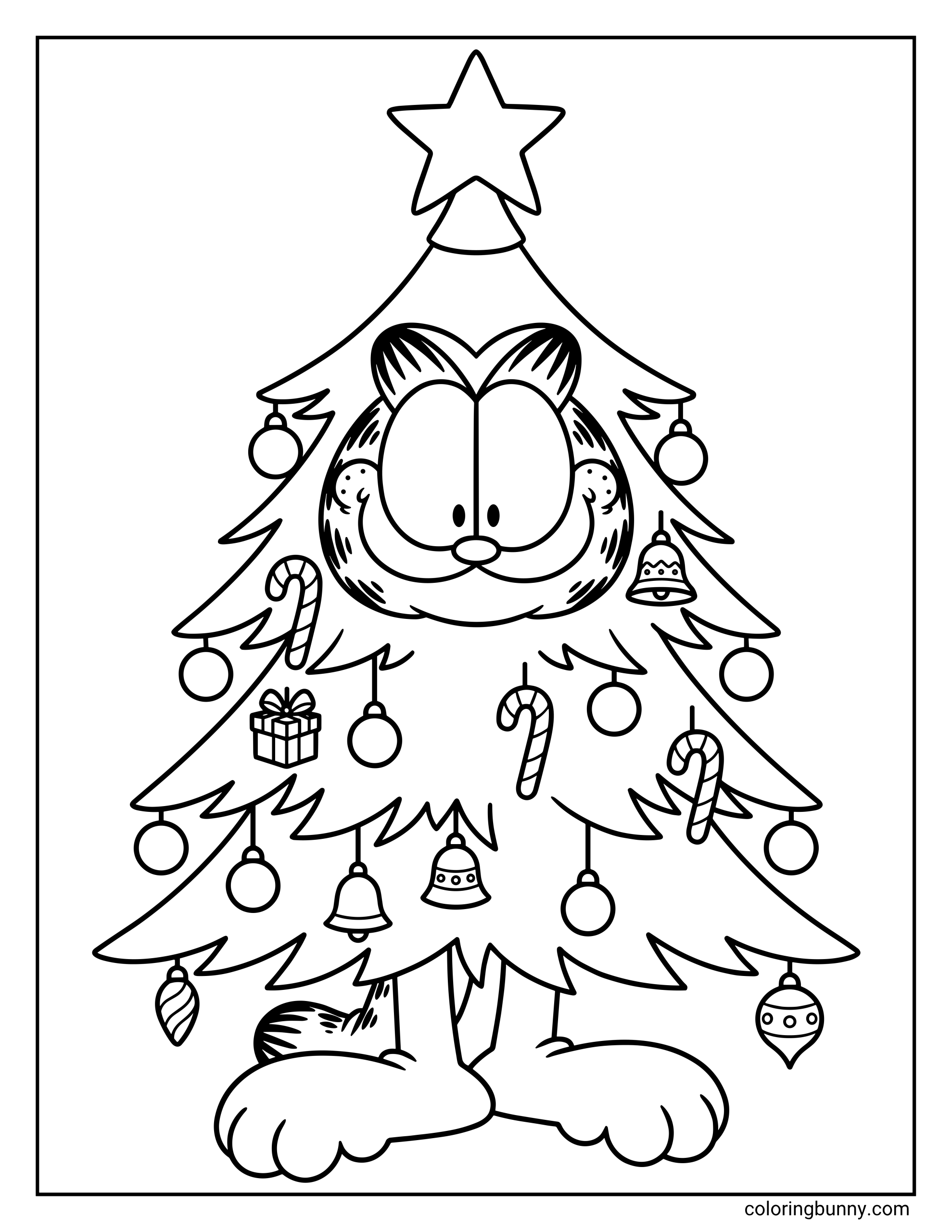 Christmas Garfield coloring page of Garfield dressed as a Christmas tree, with his face peeking through layered branches decorated with ornaments, candy canes, bells, and a star topper.