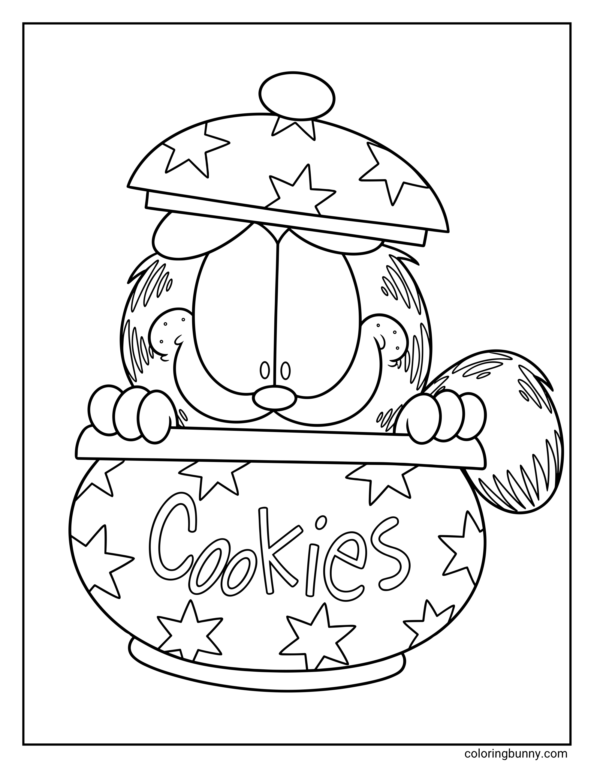 Coloring page of Garfield tucked inside an open cookie jar, gripping the edge while the lid sits on his head and bold star shapes decorate the container.