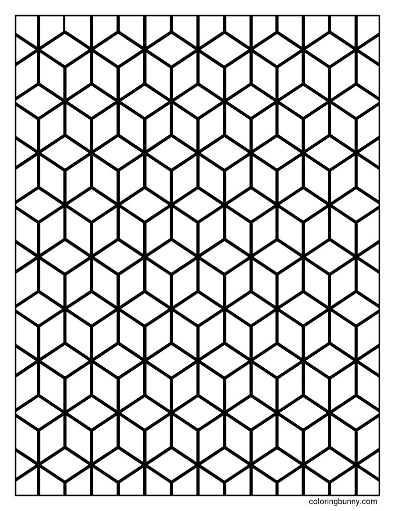 Geometric cubes pattern coloring page featuring repeating cube shapes made from straight lines and diamond-like sections.