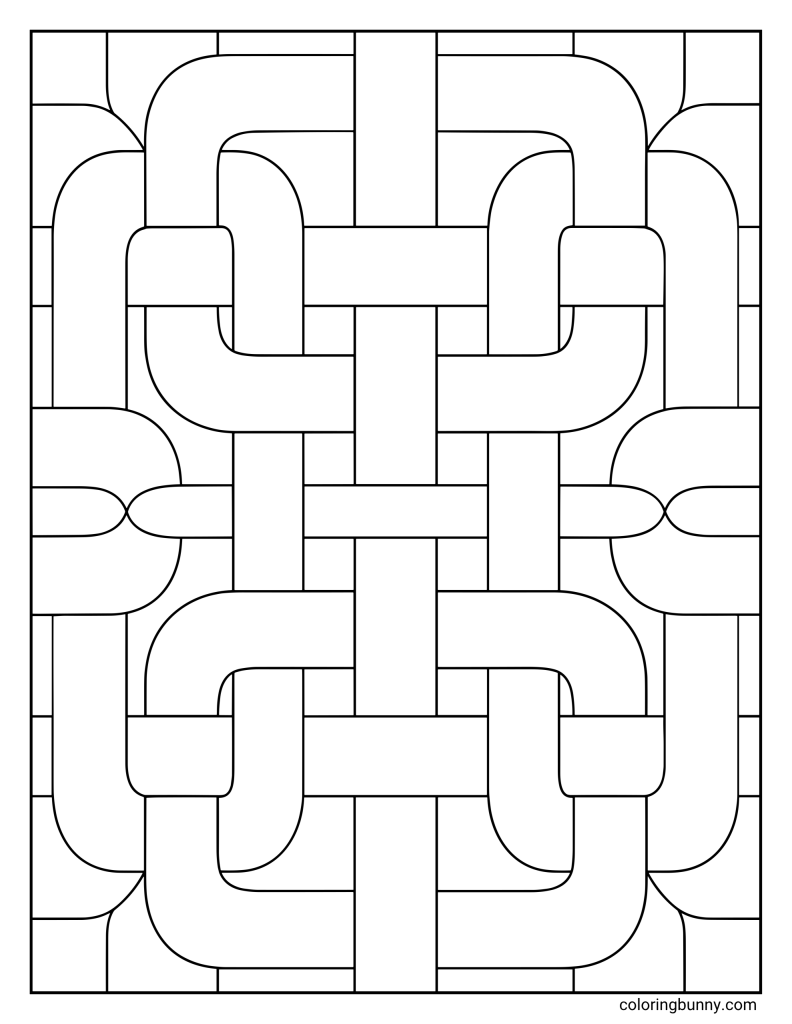 Rounded link pattern coloring page featuring repeating looped rectangular shapes that overlap and interlock like a geometric chain.