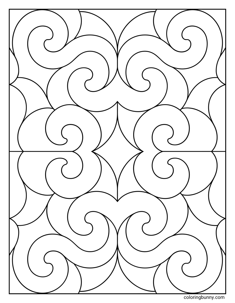 Geometric mandala pattern coloring page featuring large mirrored spiral shapes arranged in a symmetrical layout, with rounded curves and abstract sections forming a decorative mandala-style design inside a rectangular border.