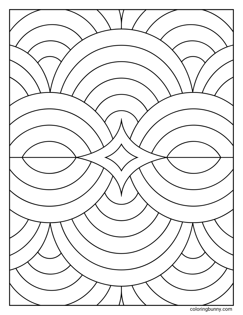 Geometric maze pattern coloring page featuring repeating arch shapes, curved layered bands, and a pointed diamond shape in the center, all arranged in a symmetrical abstract design inside a rectangular border.
