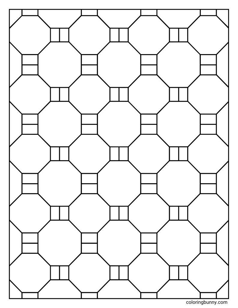Classic tilework geometric pattern coloring sheet featuring a repeating arrangement of octagons and small rectangular joiners, inspired by traditional decorative floor tiles.