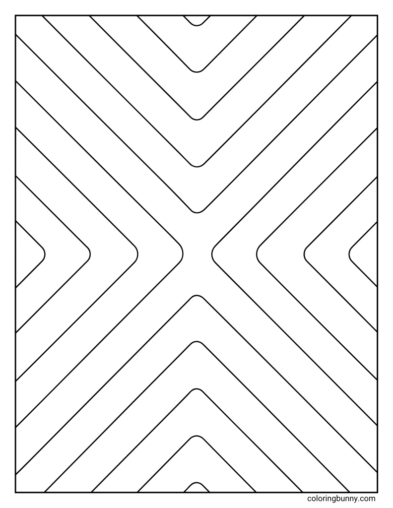 Modern geometric coloring page featuring a large X-shaped arrangement made from repeated diagonal line bands and rounded chevron corners.
