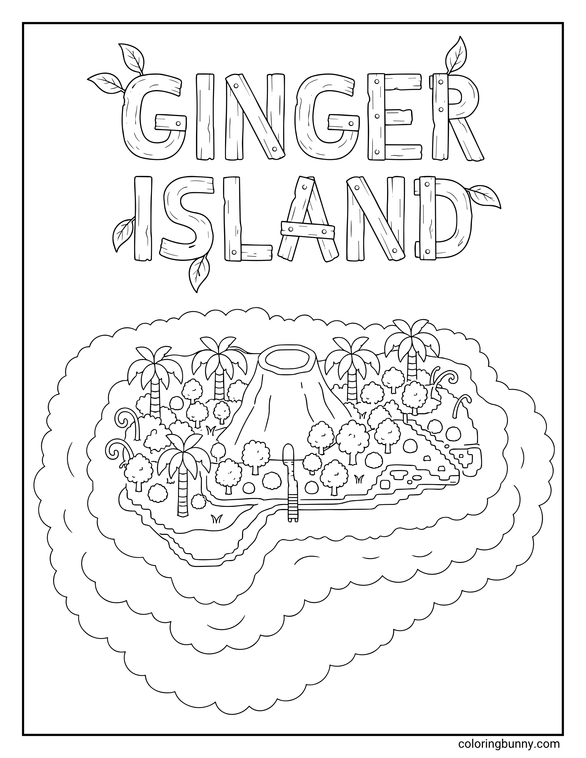 A Stardew Valley coloring page of Ginger Island, showing a top-down view of the tropical island with its central volcano dungeon, palm trees, and docks.