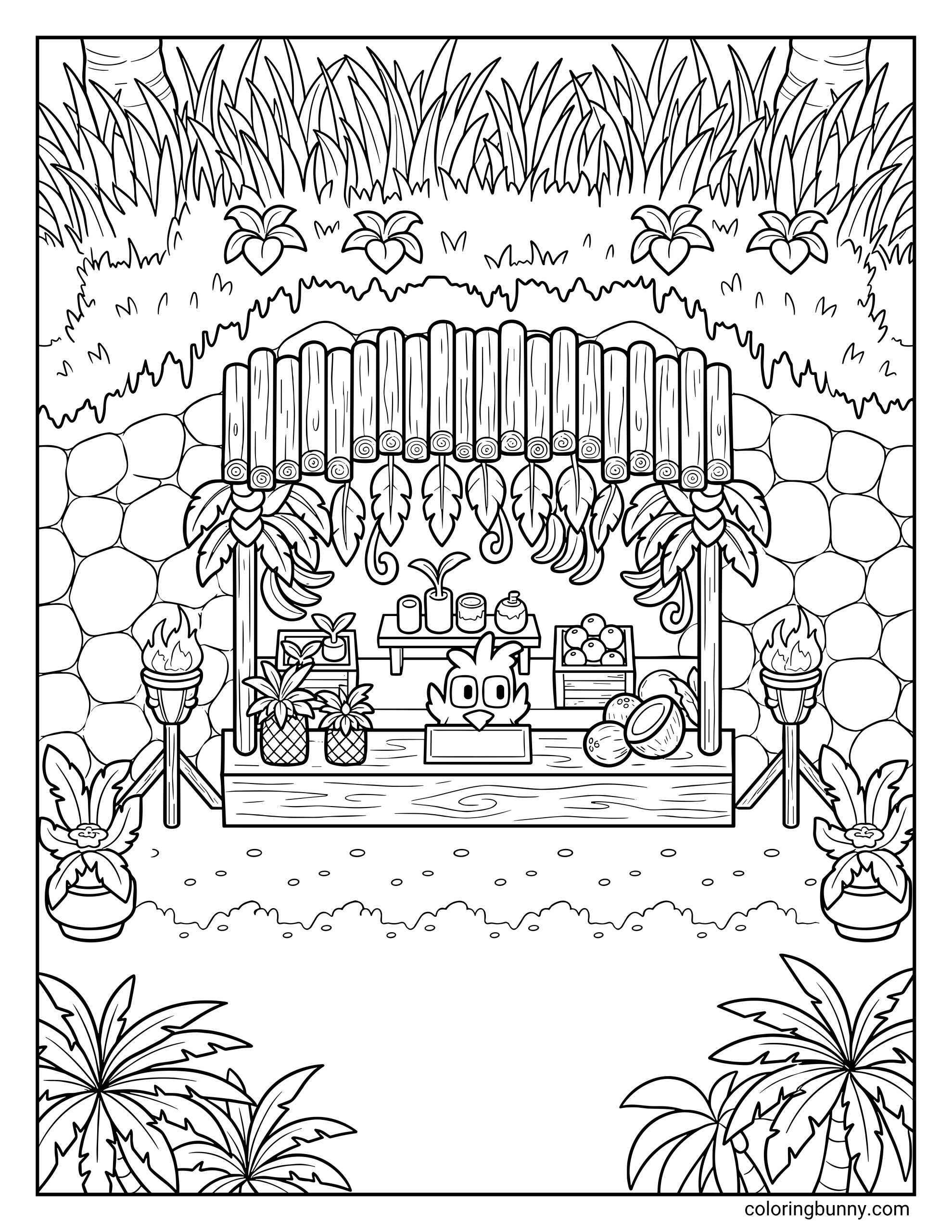A Stardew Valley coloring page of the Island Trader stall on Ginger Island, featuring a bluebird merchant behind a bamboo counter filled with tropical fruits.