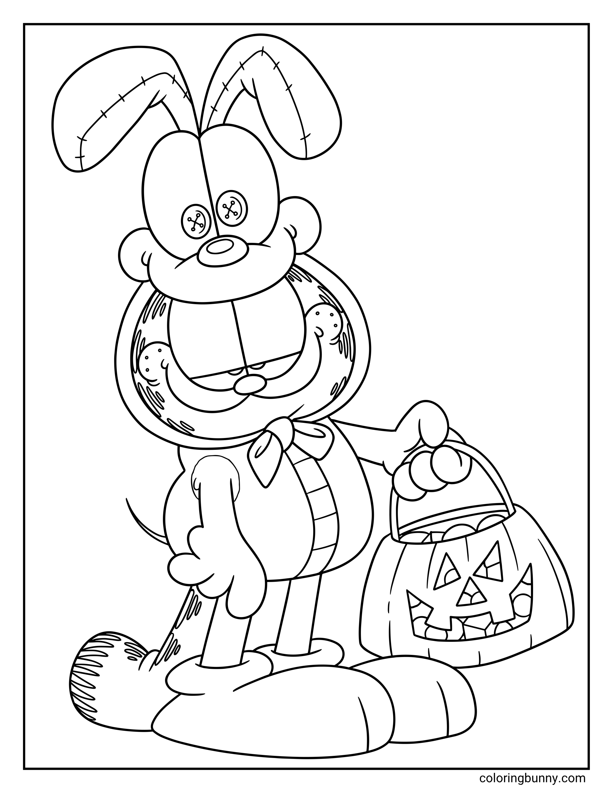 Coloring page of Garfield dressed in an Odie costume for Halloween, wearing floppy dog ears and a bow while holding a pumpkin trick-or-treat bucket full of candy.