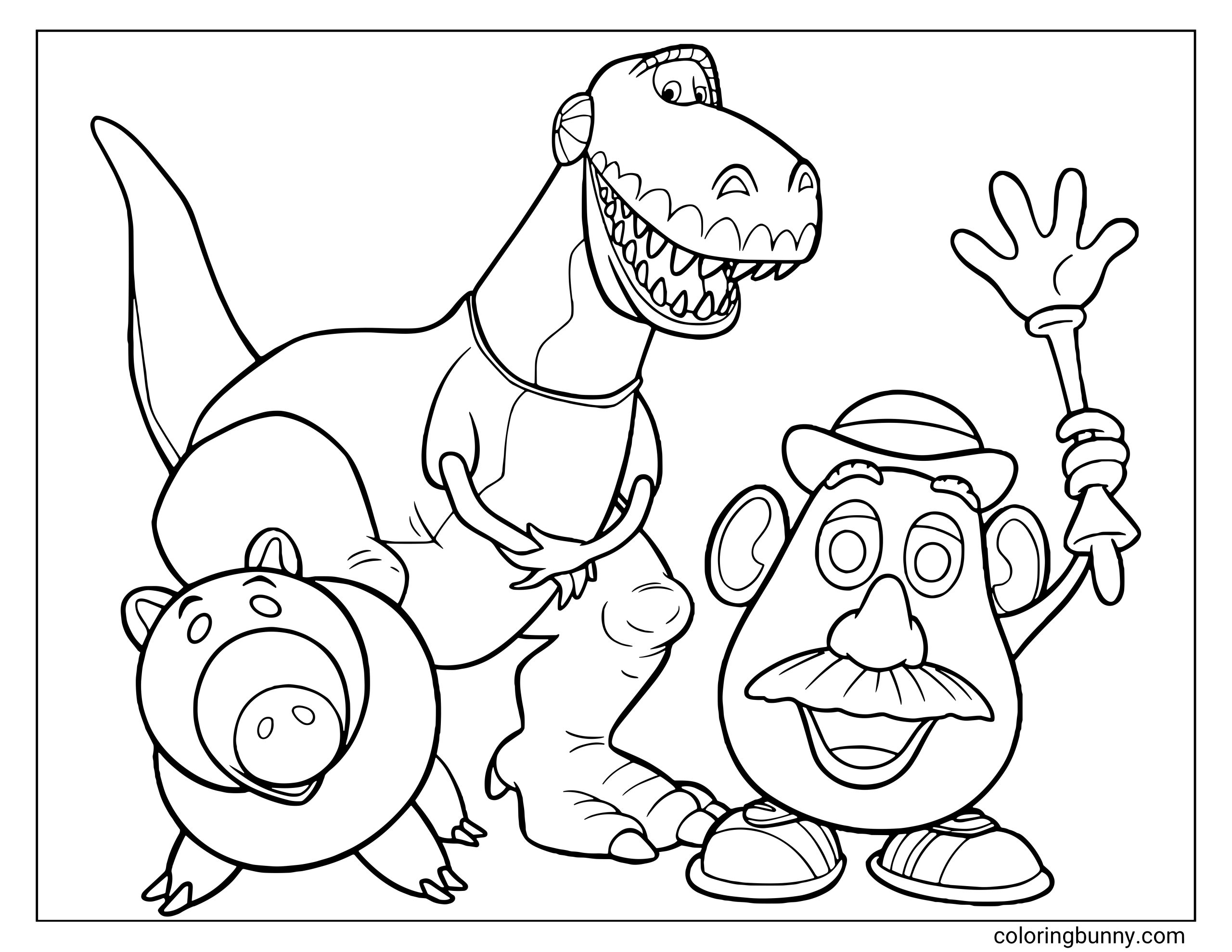 Toy Story coloring page featuring a group portrait of Hamm, Rex, and Mr. Potato Head, with bold outlines, playful expressions, and a simple open background.