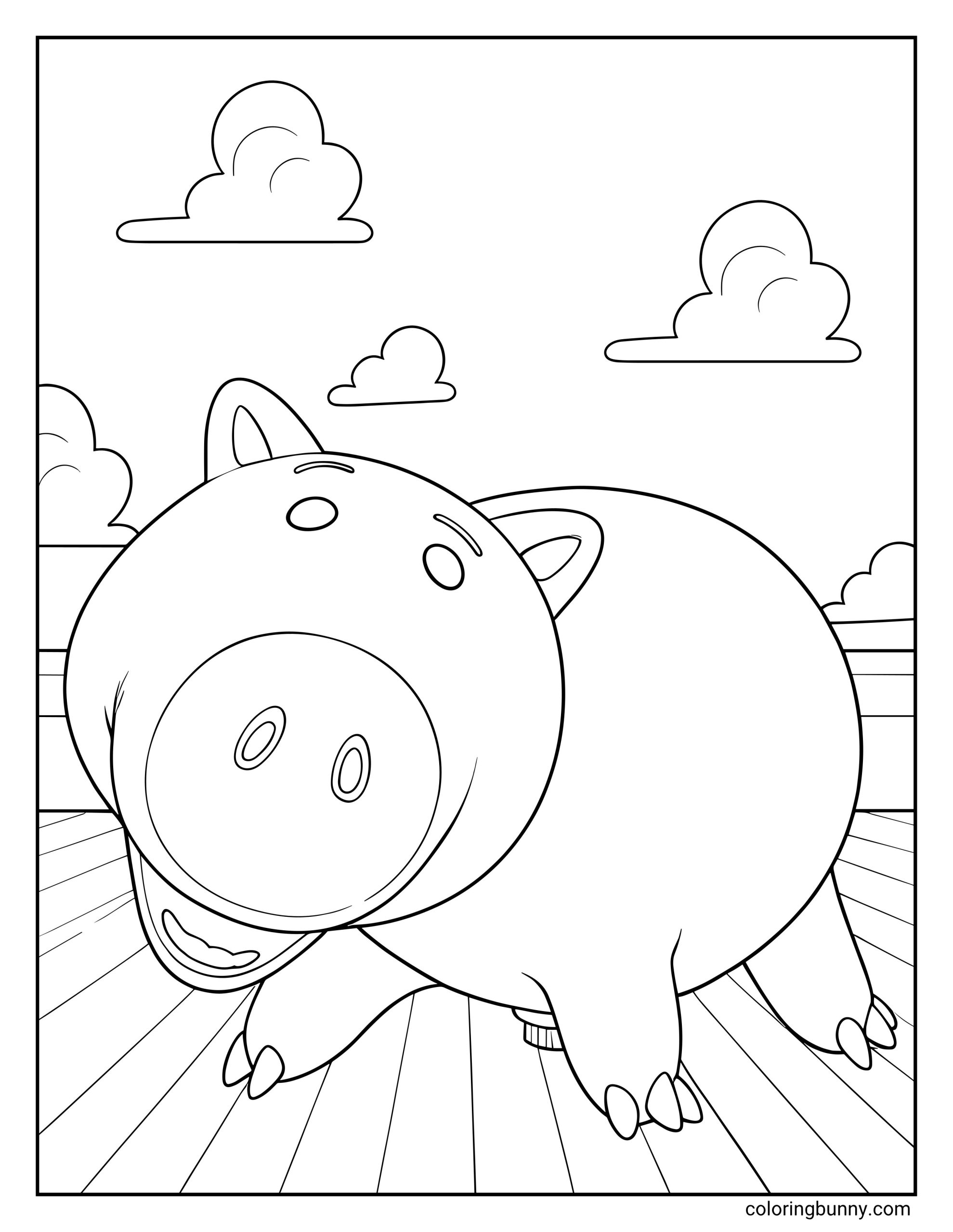 Hamm Toy Story coloring page featuring the round piggy bank character smiling on a wooden floor, with his large snout, small ears, little legs, coin slot, and cloud shapes in the background.