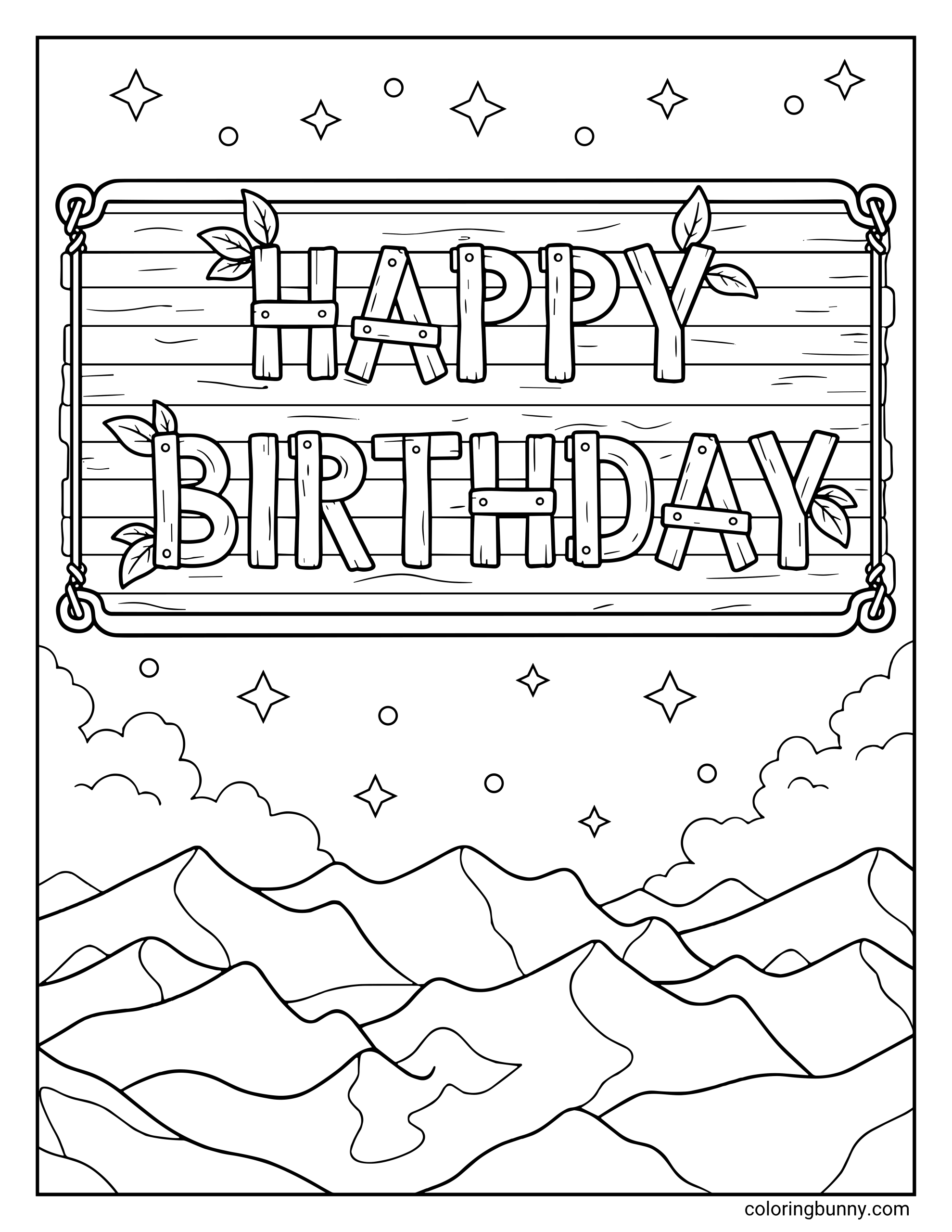 A Stardew Valley coloring page of a rustic wooden sign that reads "HAPPY BIRTHDAY" floating above a scenic mountain range under a starry sky.