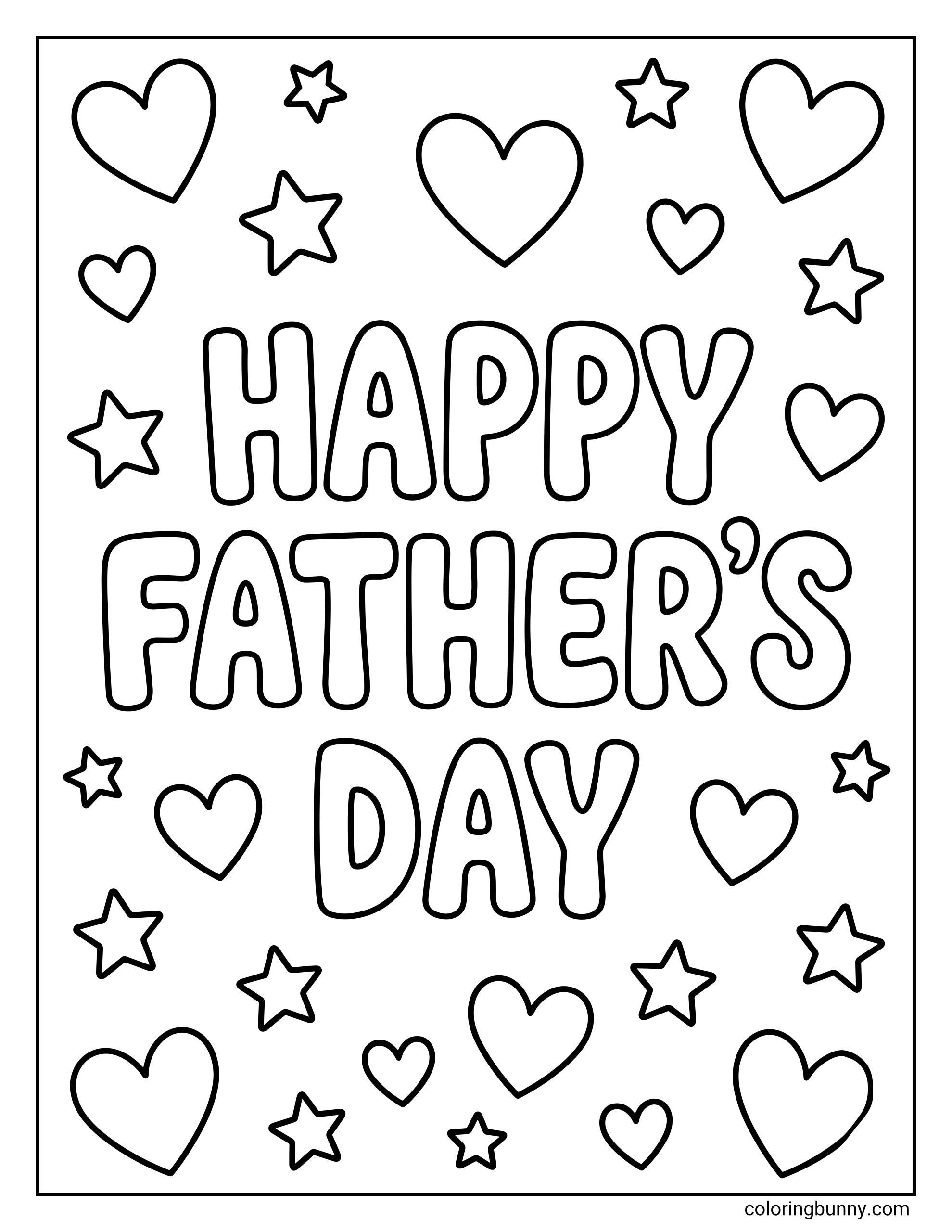 Father’s Day coloring page with “Happy Father’s Day” written in large bubble letters, surrounded by hearts and stars of different sizes.