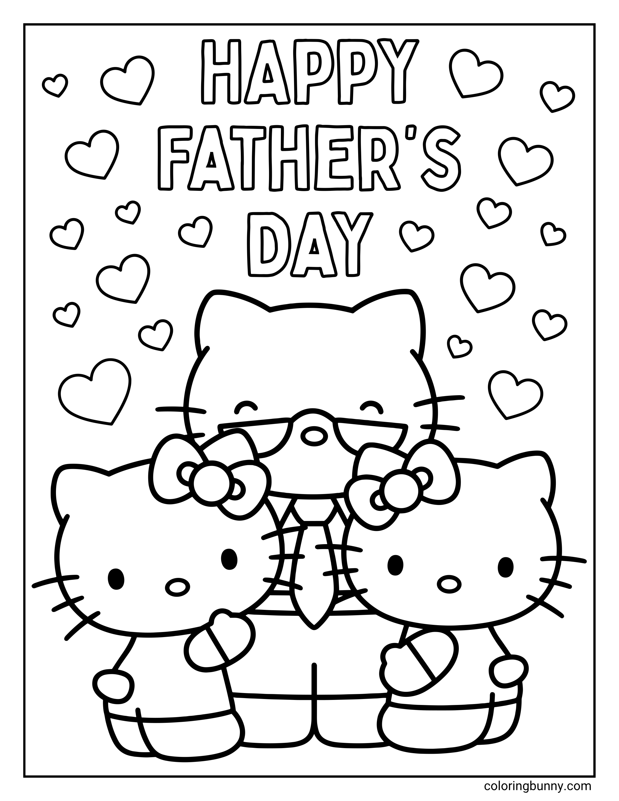 Hello Kitty Father’s Day coloring page featuring Hello Kitty, Mimmy, and George White standing together beneath large “Happy Father’s Day” lettering, with Hello Kitty and Mimmy hugging their father while hearts of different sizes fill the background.