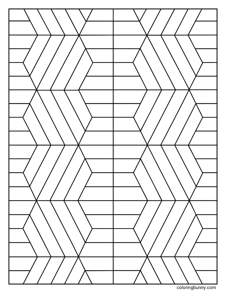 Herringbone pattern coloring page with interlocking diagonal sections, horizontal line blocks, and a balanced repeating design that fills the page.