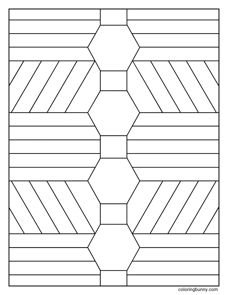 Geometric pattern coloring sheet with a central stack of hexagons and rectangular connectors, plus wide striped bands and mirrored diagonal line panels creating a balanced full-page design.