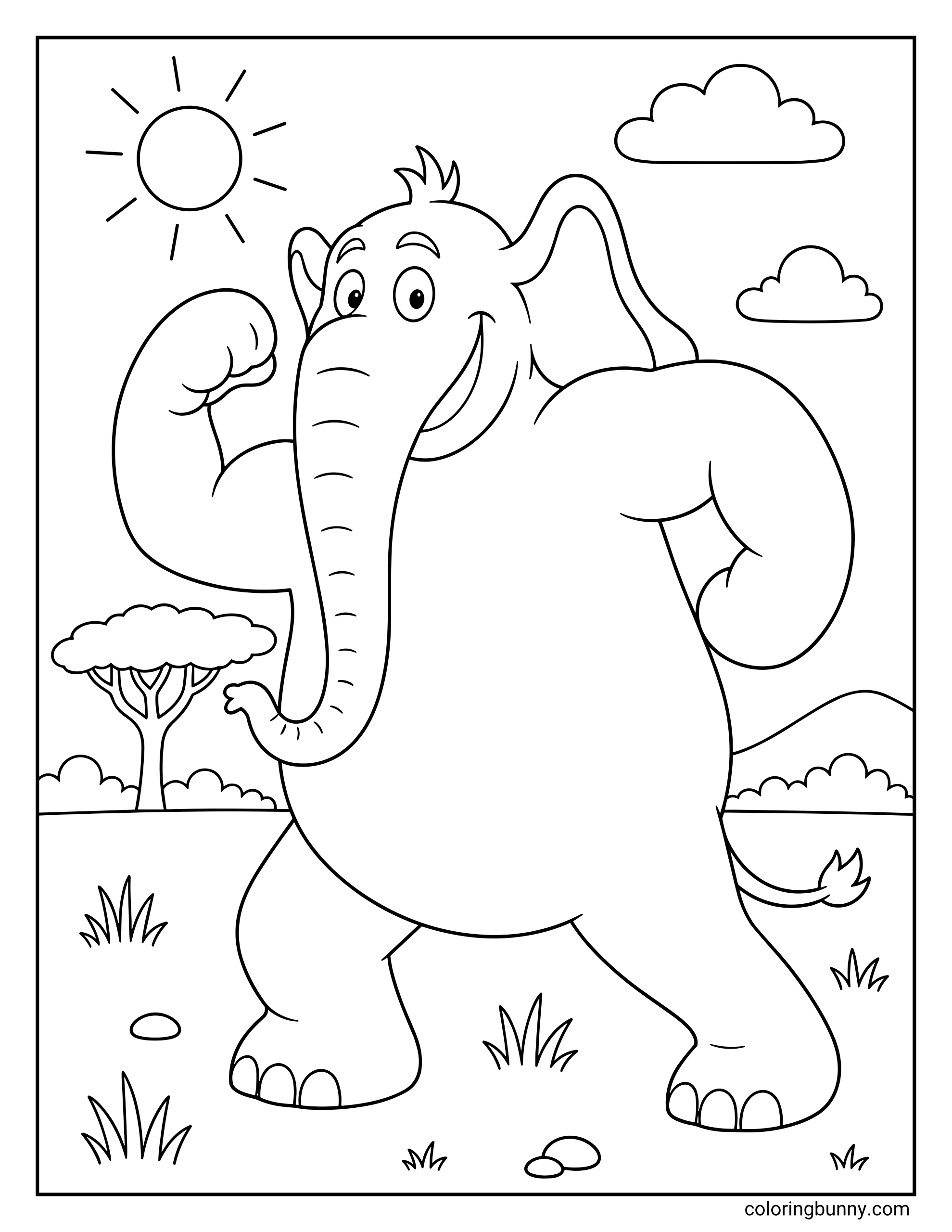 A Horton the Elephant Dr. Seuss coloring page showing the classic character striking a strong, cheerful pose. He stands on a grassy savanna under a smiling sun and fluffy clouds, looking ready for an adventure.