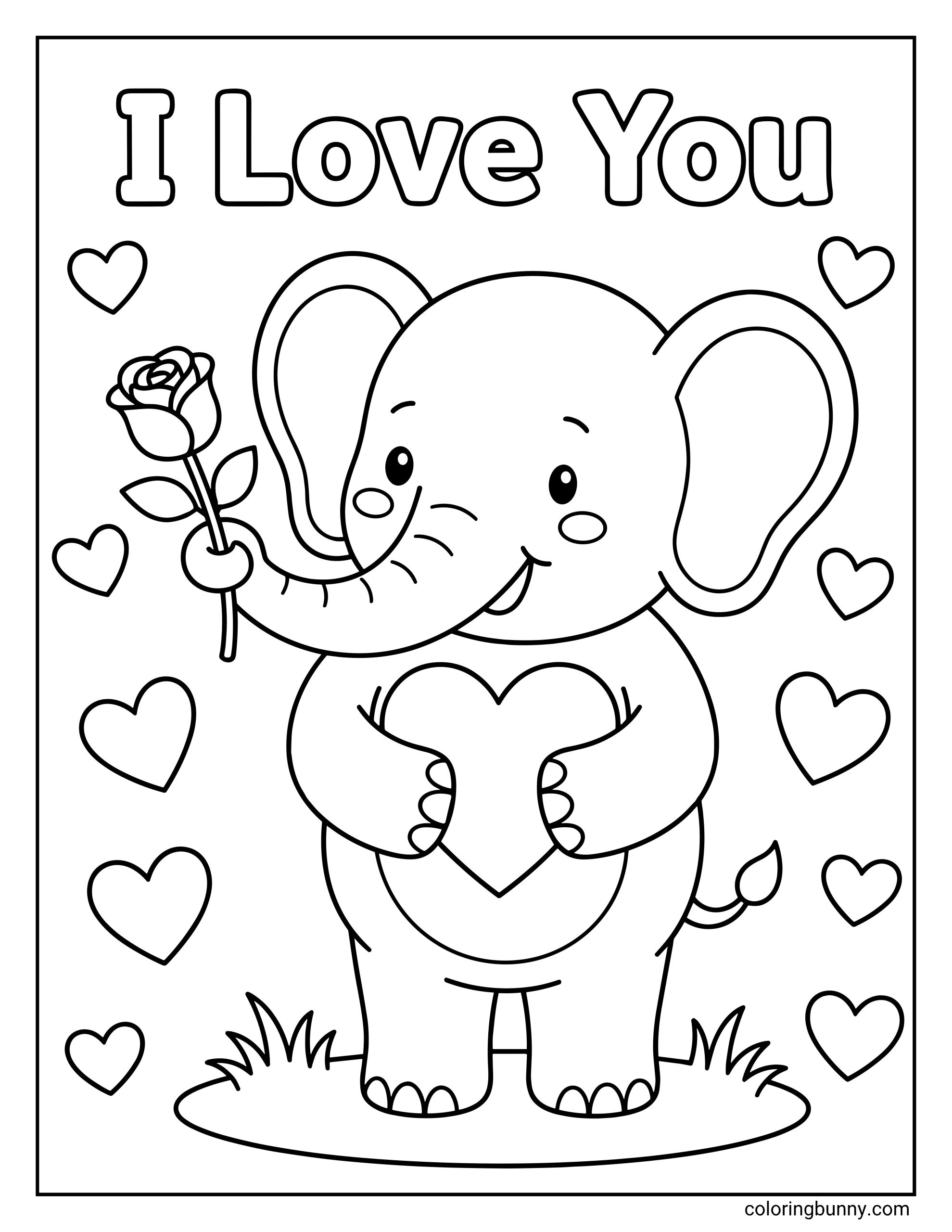 A sweet Valentine's Day coloring page with the text "I Love You" above a cute elephant holding a rose in its trunk and clutching a heart, surrounded by floating hearts.