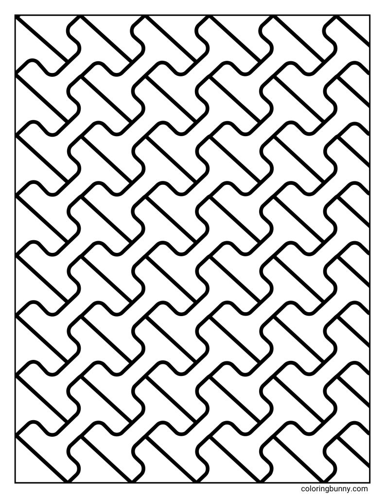 Interlocking key pattern coloring page featuring repeating angled key-like shapes arranged in diagonal rows.