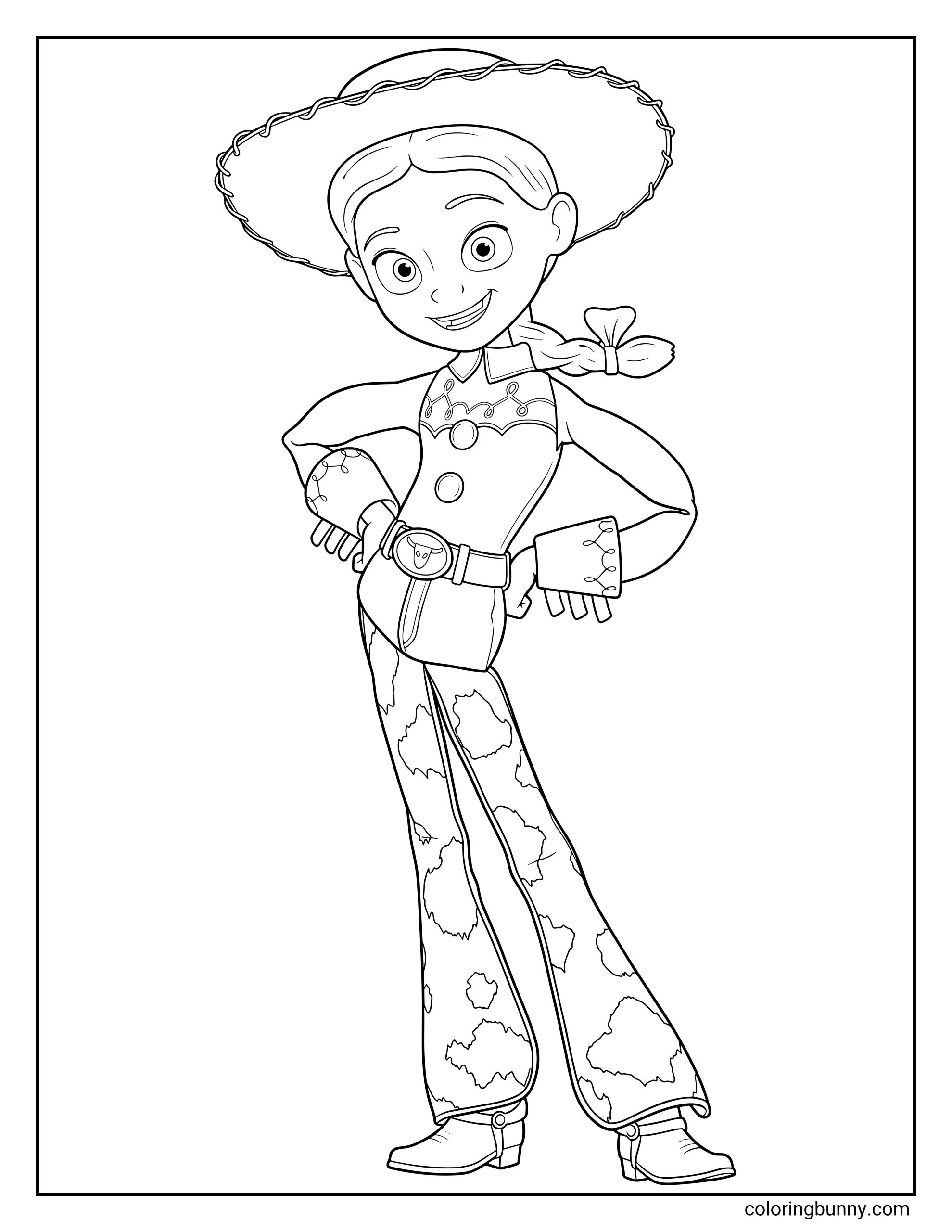 Toy Story Jessie coloring sheet featuring a hollow colorable portrait of the friendly cowgirl doll in a dynamic western pose, highlighting her detailed shirt cuffs and large decorative belt buckle.